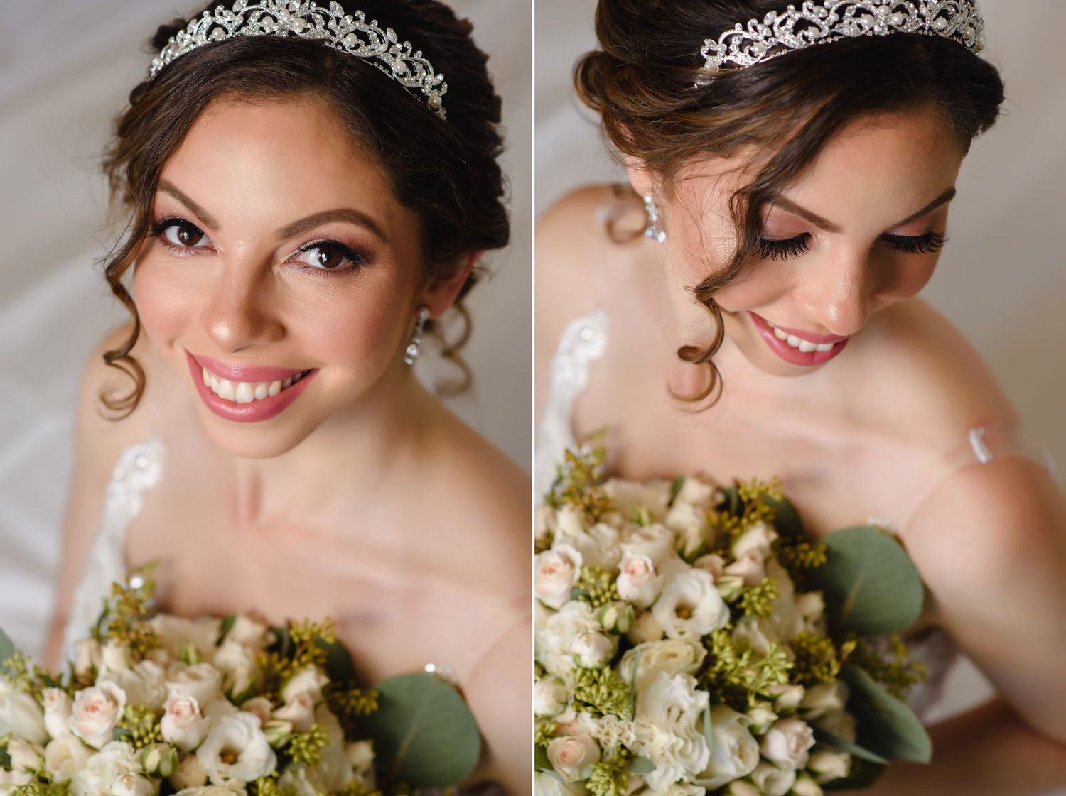 Smiling bride wearing a tiara and strapless gown holds a white and green bouquet in two elegant portrait photos.