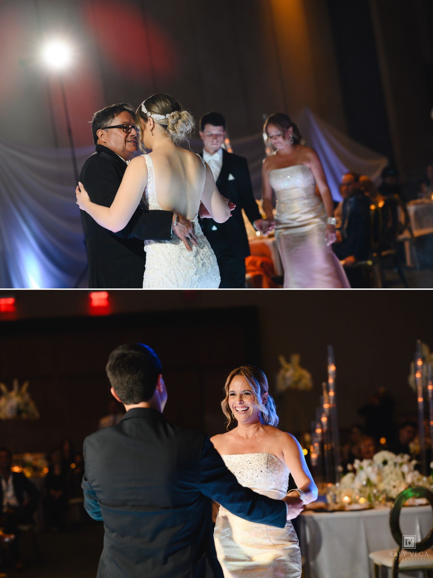 Bride and groom share first dance at elegant wedding reception with guests celebrating in the background.