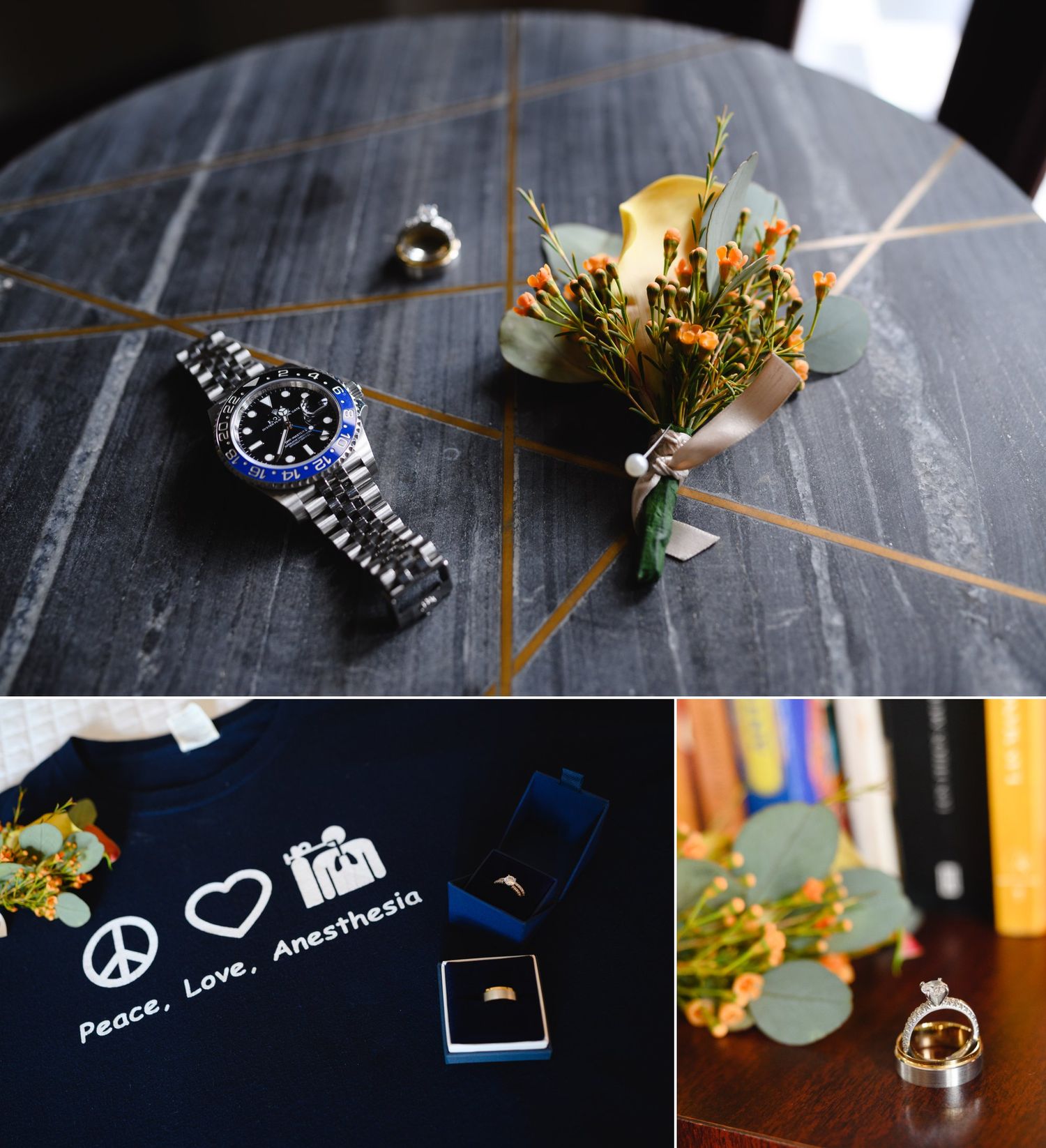 Wedding flat lay with Rolex watch, boutonniere, Peace Love Anesthesia shirt, gold wedding band, and diamond ring on dark wood.