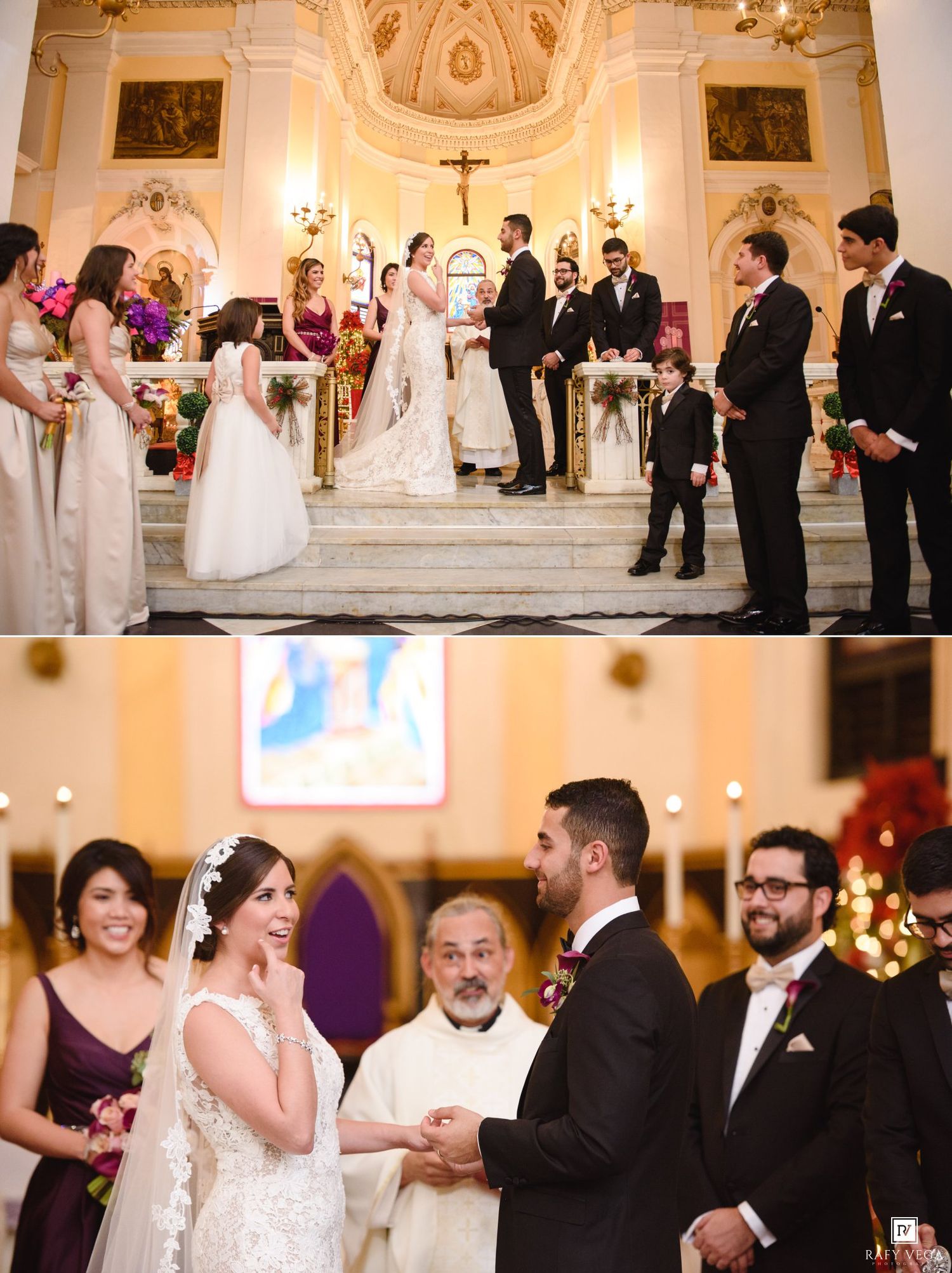 Elegant church wedding ceremony with bride and groom exchanging vows at the altar, surrounded by bridesmaids and groomsmen.