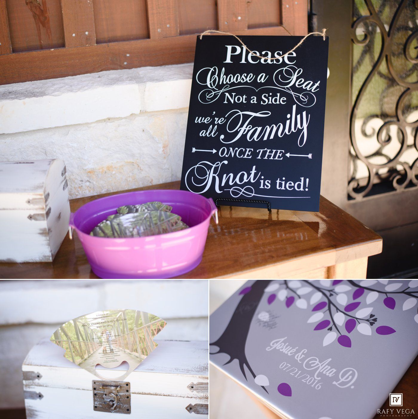 Wedding sign reads please choose a seat not a side we are all family once the knot is tied displayed on rustic table.