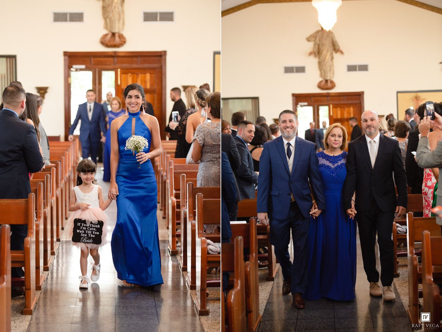 Bridesmaid in royal blue gown walks down church aisle with flower girl during elegant wedding ceremony.