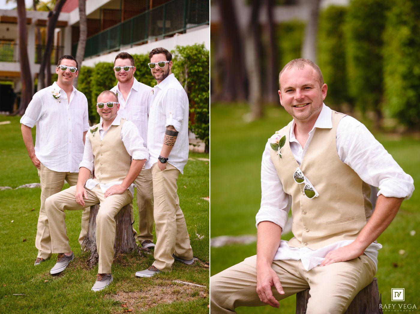 Groomsmen in khaki vests and white shirts pose outdoors on green grass at a wedding celebration.