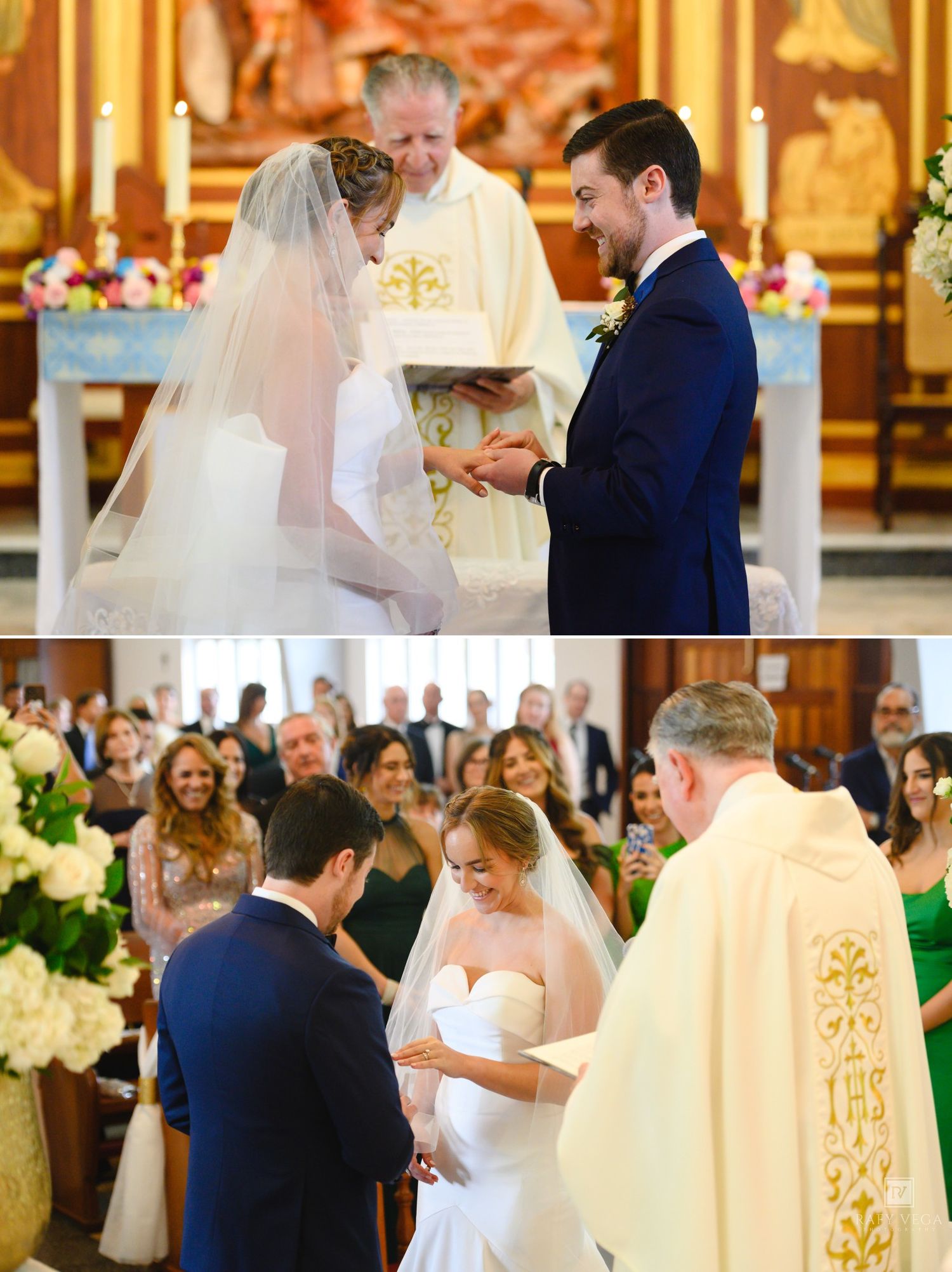 Bride and groom exchange rings during a Catholic wedding ceremony with a priest officiating at the church altar.