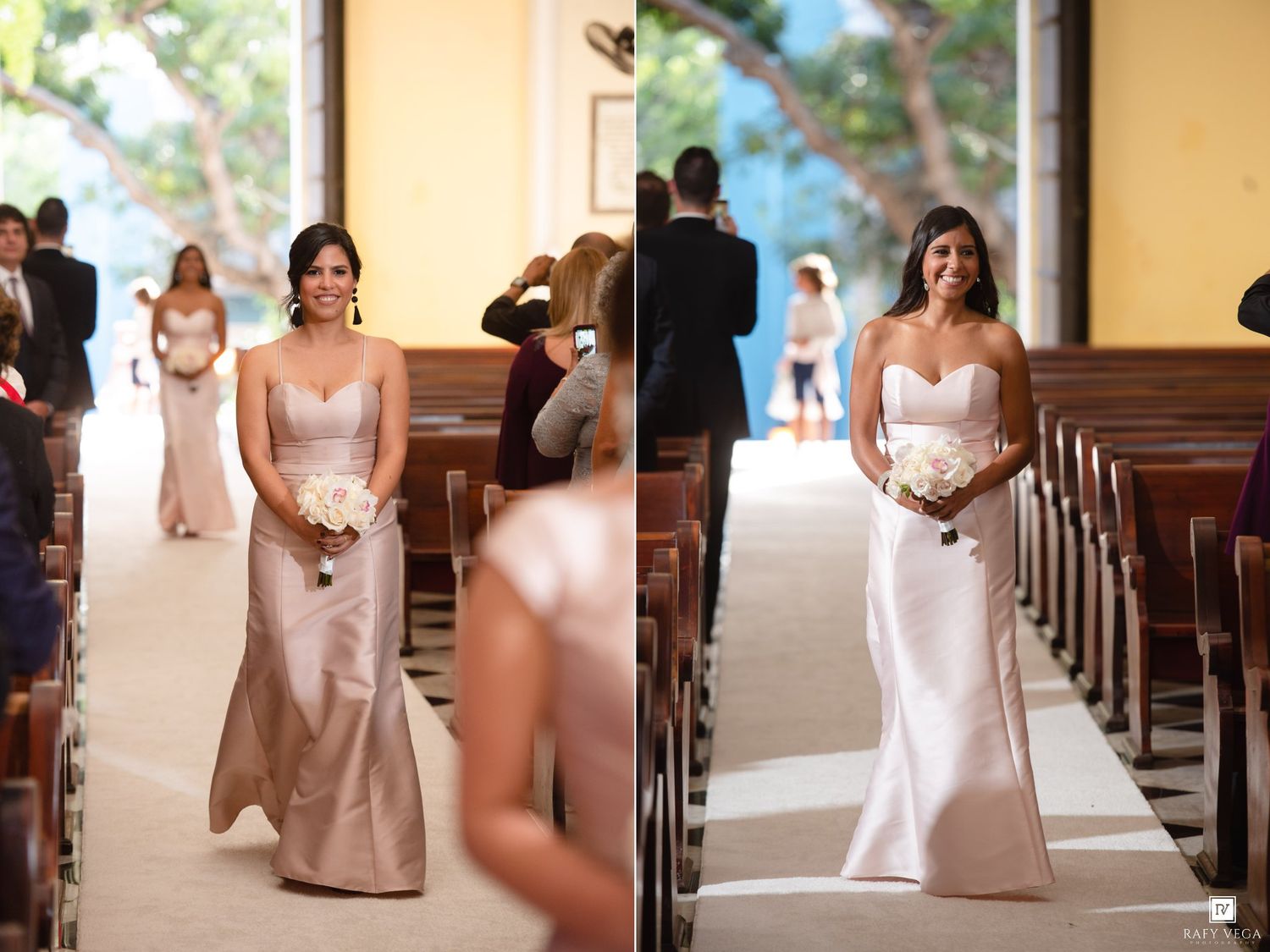 Elegant bridesmaids in champagne satin gowns walk down a church aisle carrying white bouquets during a wedding ceremony.