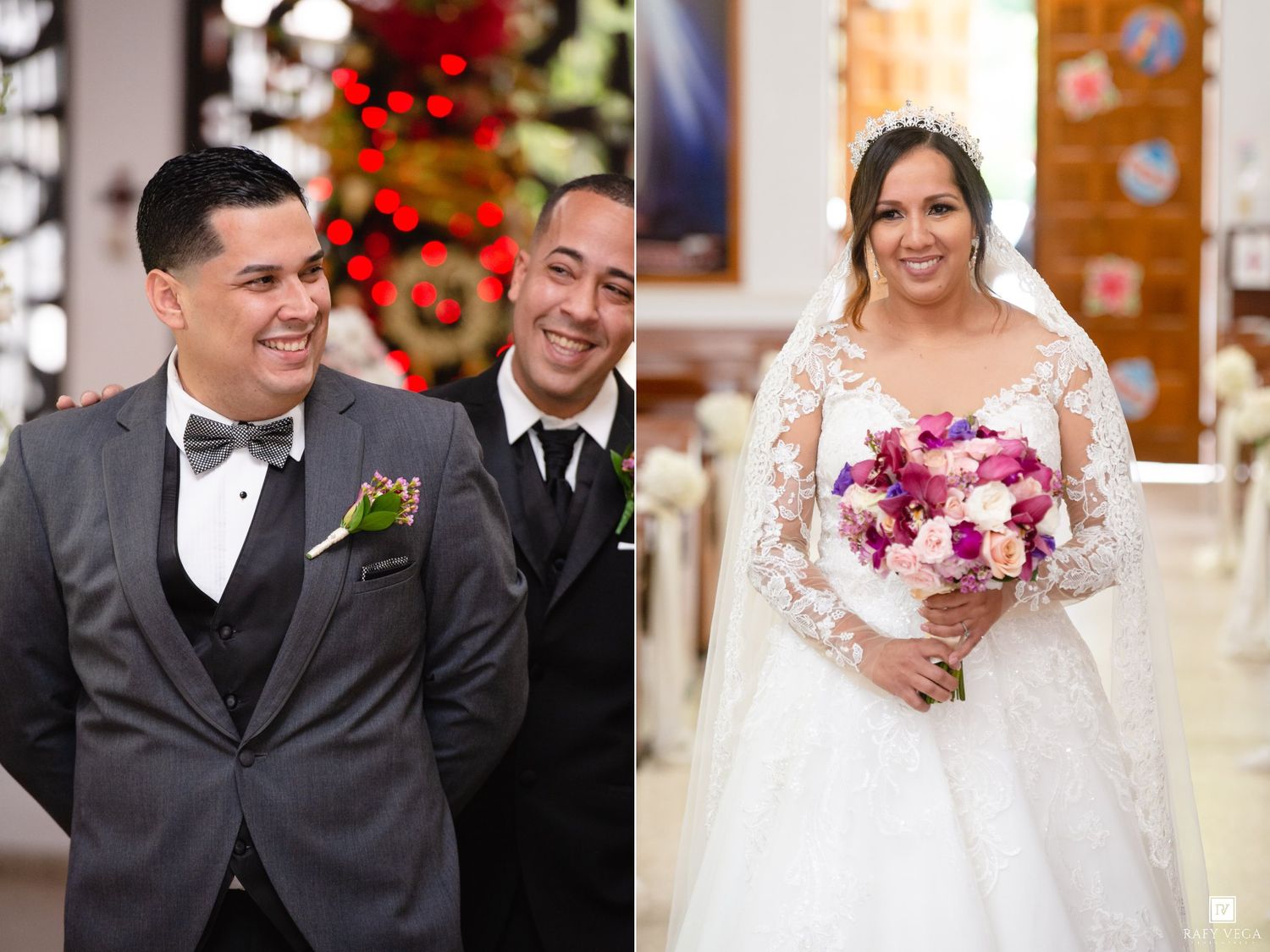 Groom in gray tuxedo smiling at altar beside groomsman, bride in lace gown holding purple bouquet walking down church aisle.
