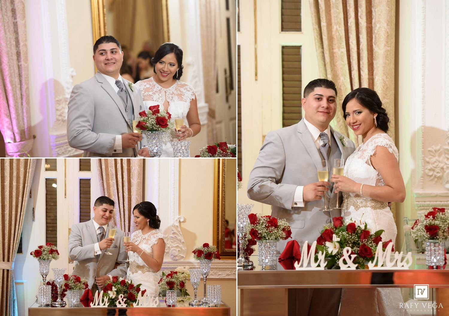 Bride and groom smiling together at elegant wedding reception with red roses and champagne glasses.