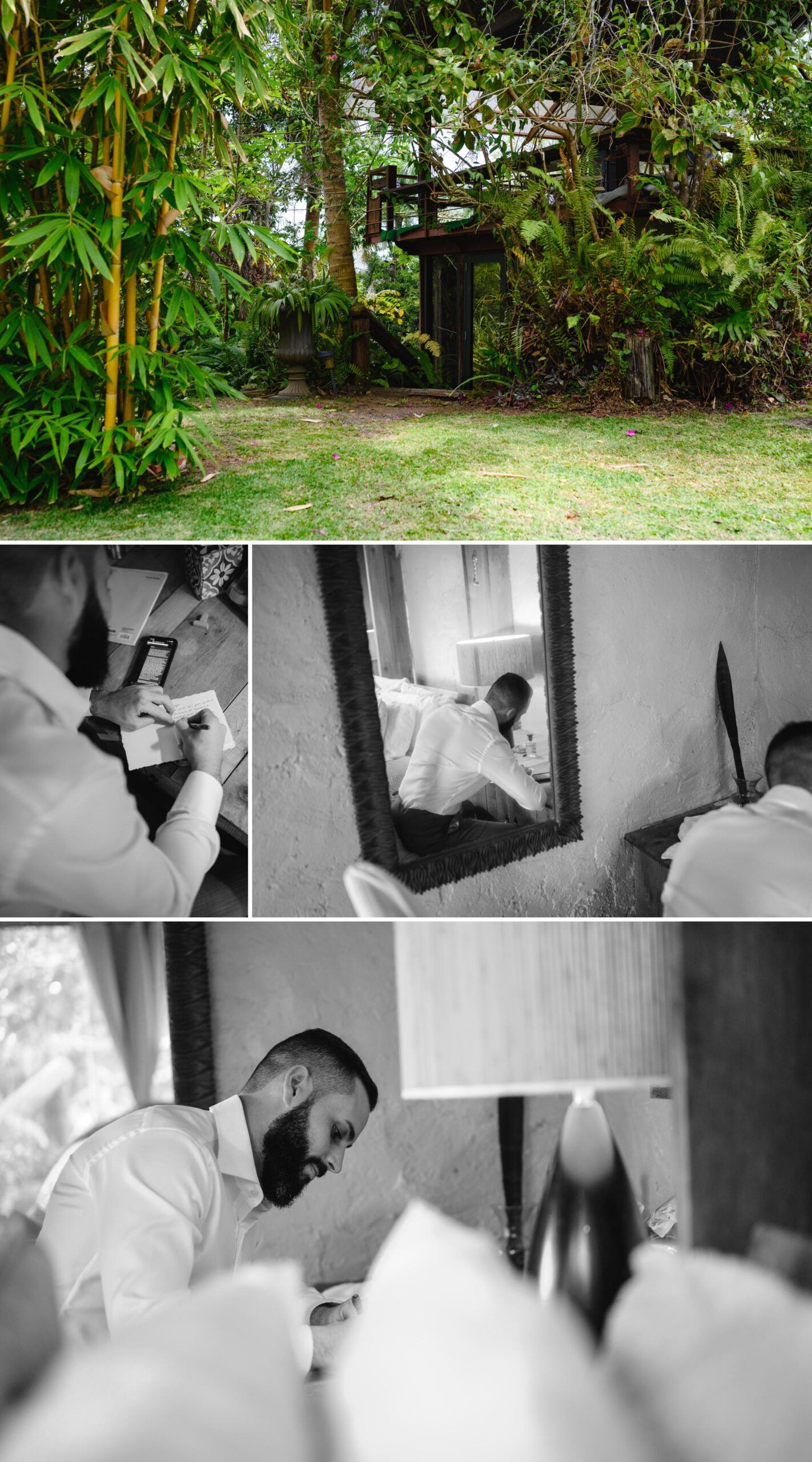 Groom getting ready in black and white photos beside a lush tropical garden with bamboo trees.