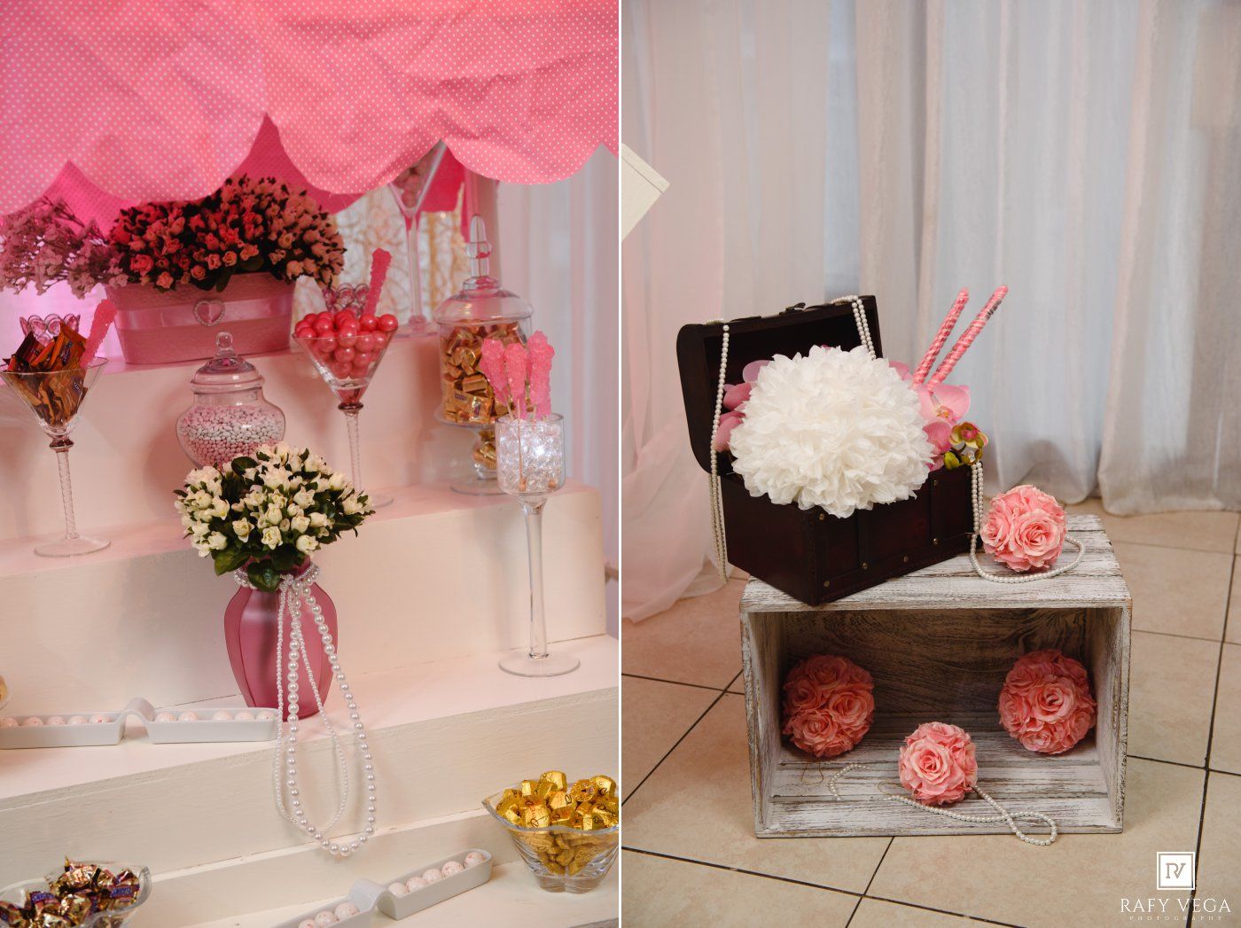 Elegant pink wedding candy bar display with floral arrangements, glass jars, and decorative wooden crate with pink flowers.