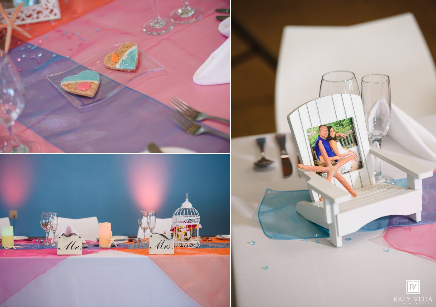 Colorful wedding reception table decor with pink and purple linens, place settings, and a miniature Adirondack chair photo display.