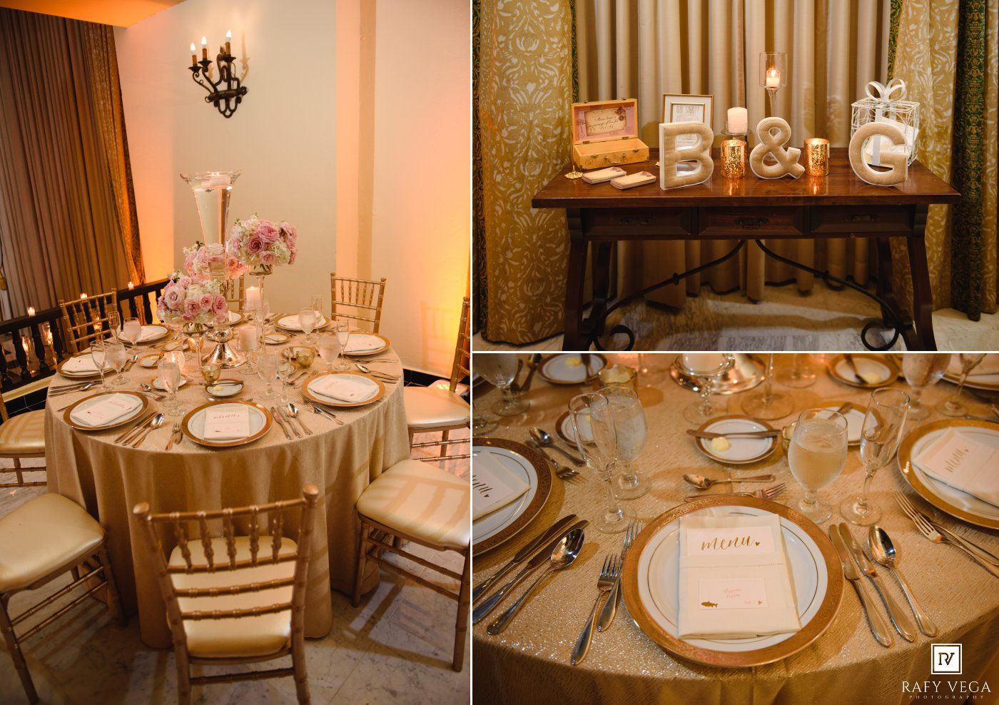 Elegant wedding reception tables with gold linens, chiavari chairs, floral centerpieces, and decorative monogram letters on display table.
