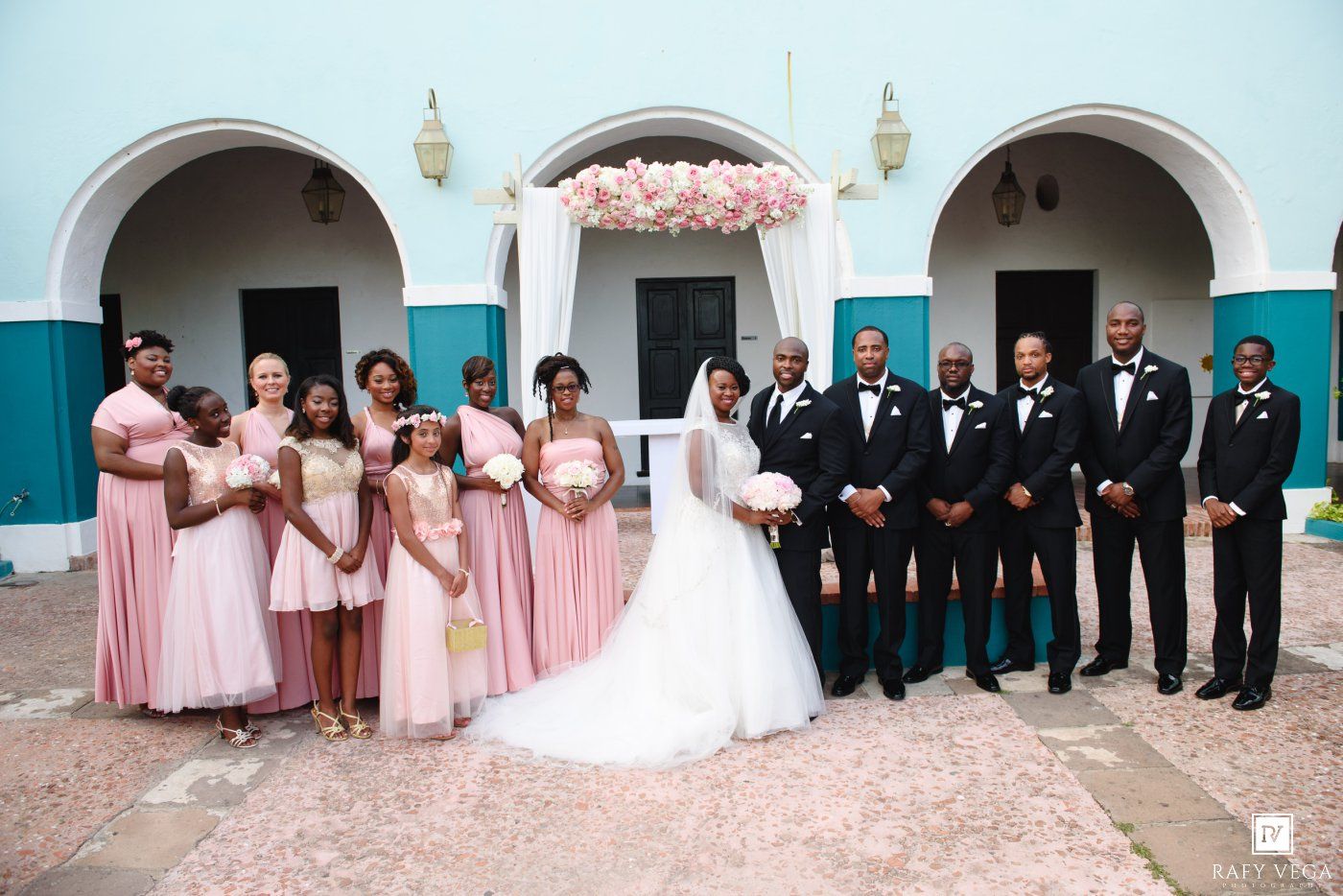 Wedding party poses outdoors, bridesmaids in pink gowns, groomsmen in black tuxedos, bride and groom centered under floral arch.