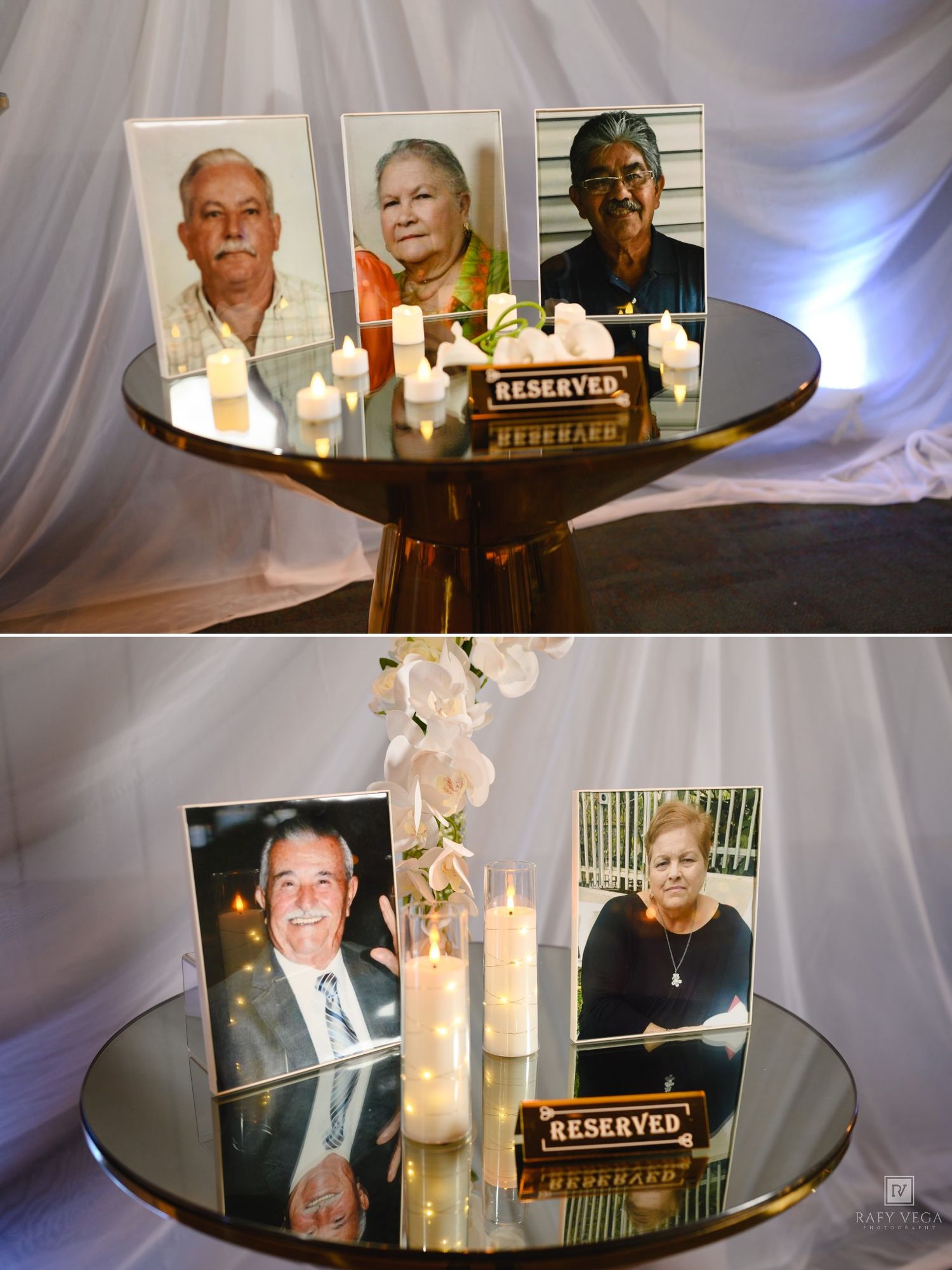 Memorial display with framed photos of deceased loved ones, candles, and reserved signs on a mirrored gold table.