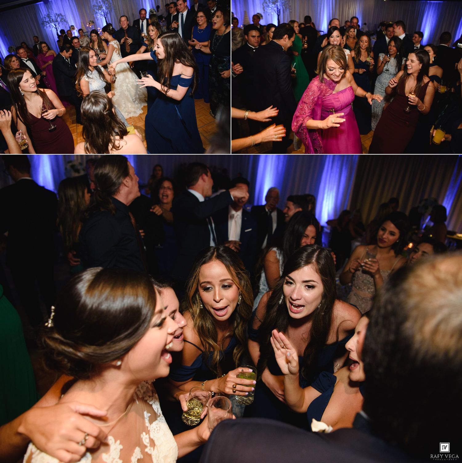 Guests dancing and celebrating joyfully at an elegant wedding reception with blue uplighting.