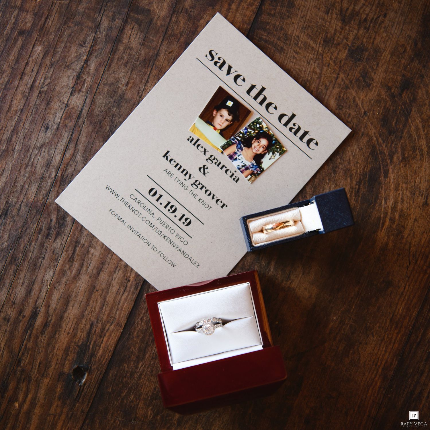 Save the date wedding card for Alex Garcia and Kenny Grover dated 01.19.19, displayed with an engagement ring box on wood.