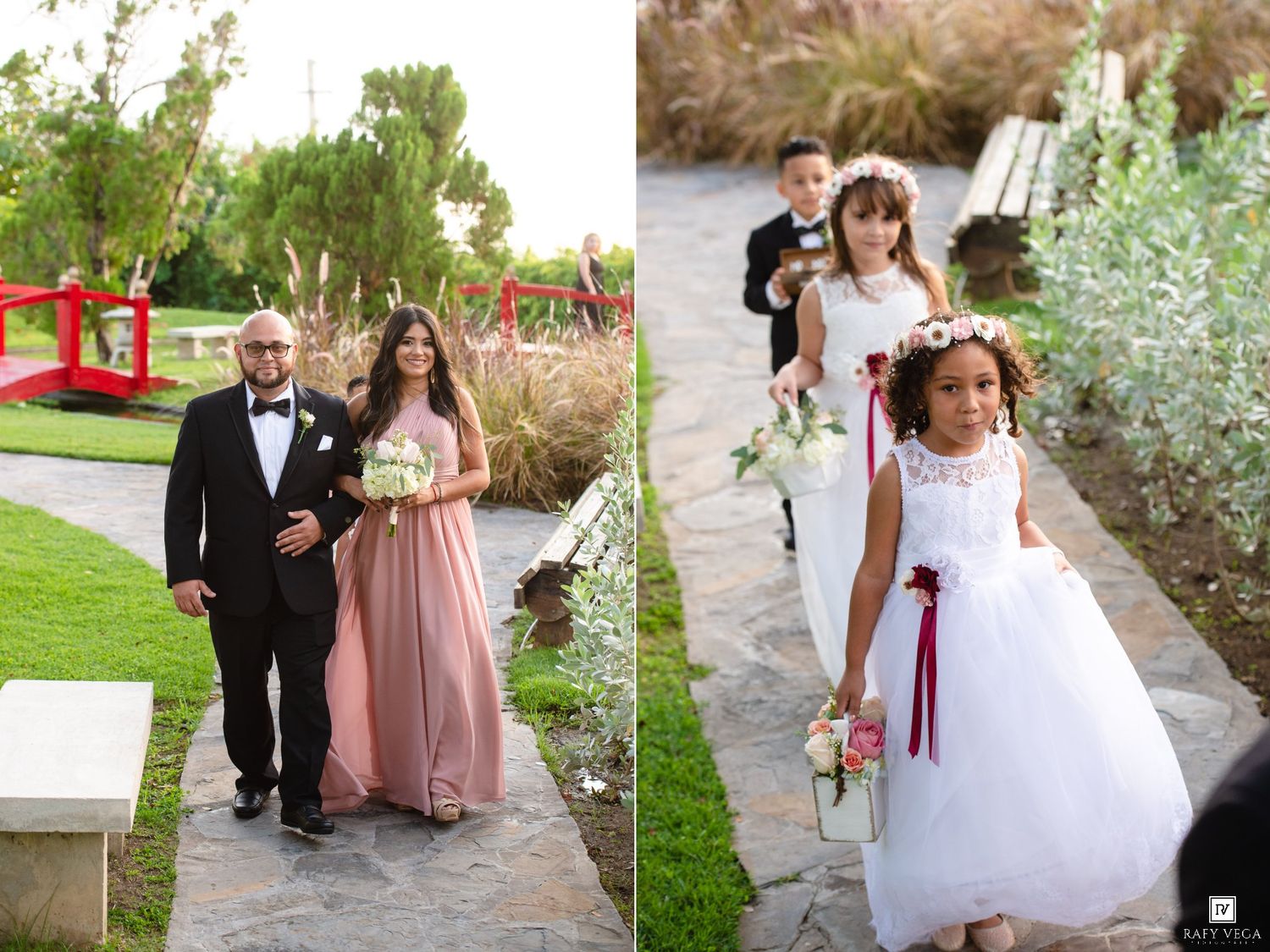 Wedding party walks outdoors, bridesmaid in pink gown with escort, flower girl in white dress holding bouquet on stone path.