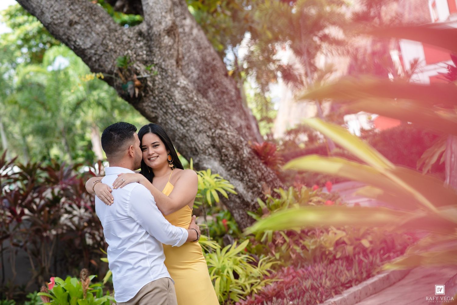 Couple embracing romantically under a large tree surrounded by lush tropical greenery and colorful plants outdoors.
