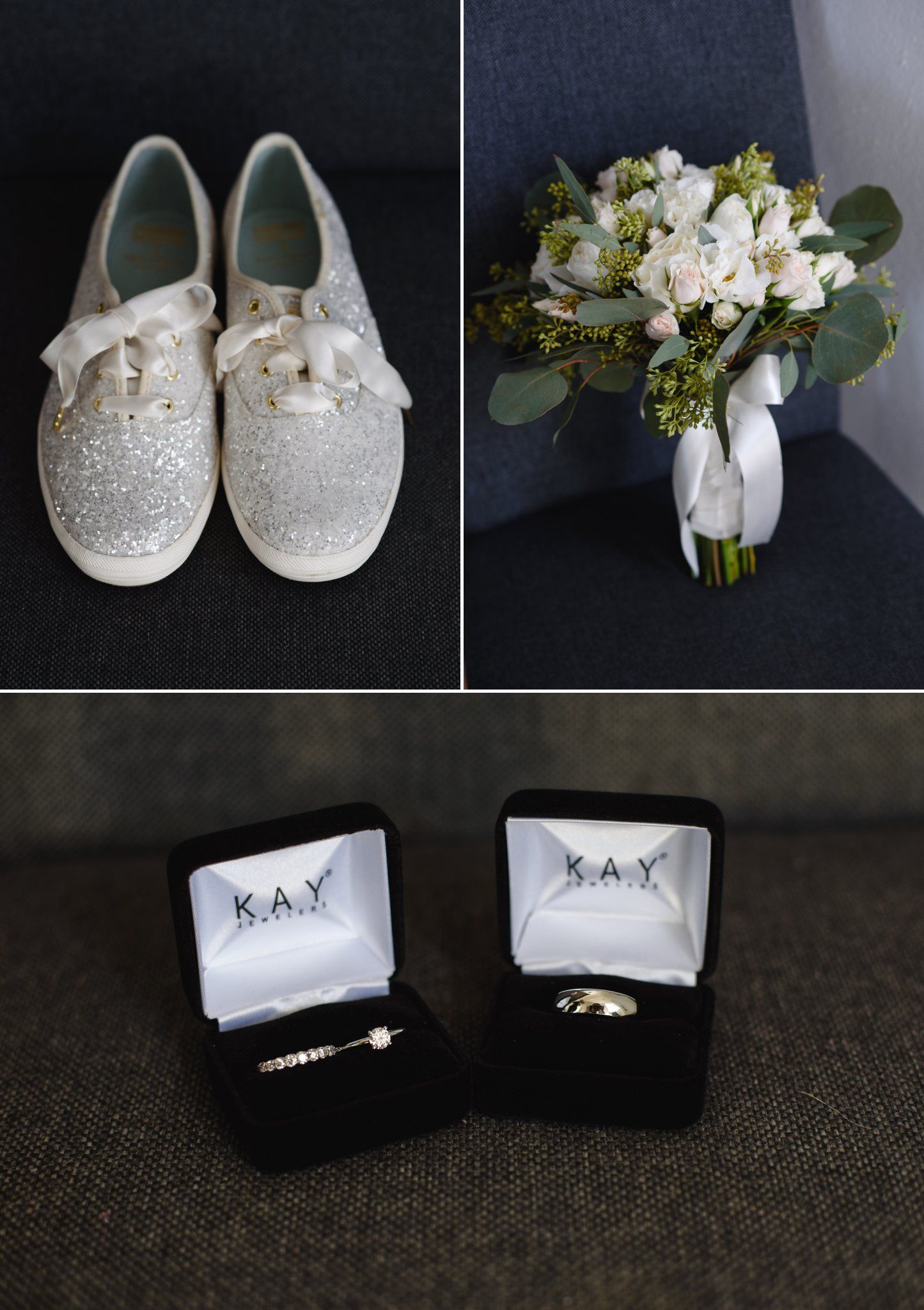 Glitter Keds bridal shoes, white floral bouquet, and KAY Jewelers wedding ring boxes with diamond engagement ring.