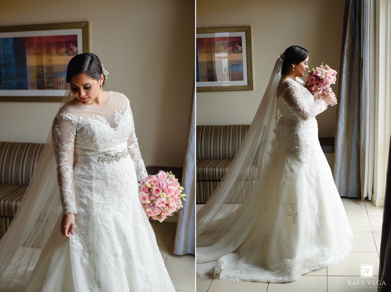 Bride in long-sleeve lace mermaid wedding gown holding pink bouquet, shown in two elegant poses with cathedral veil.