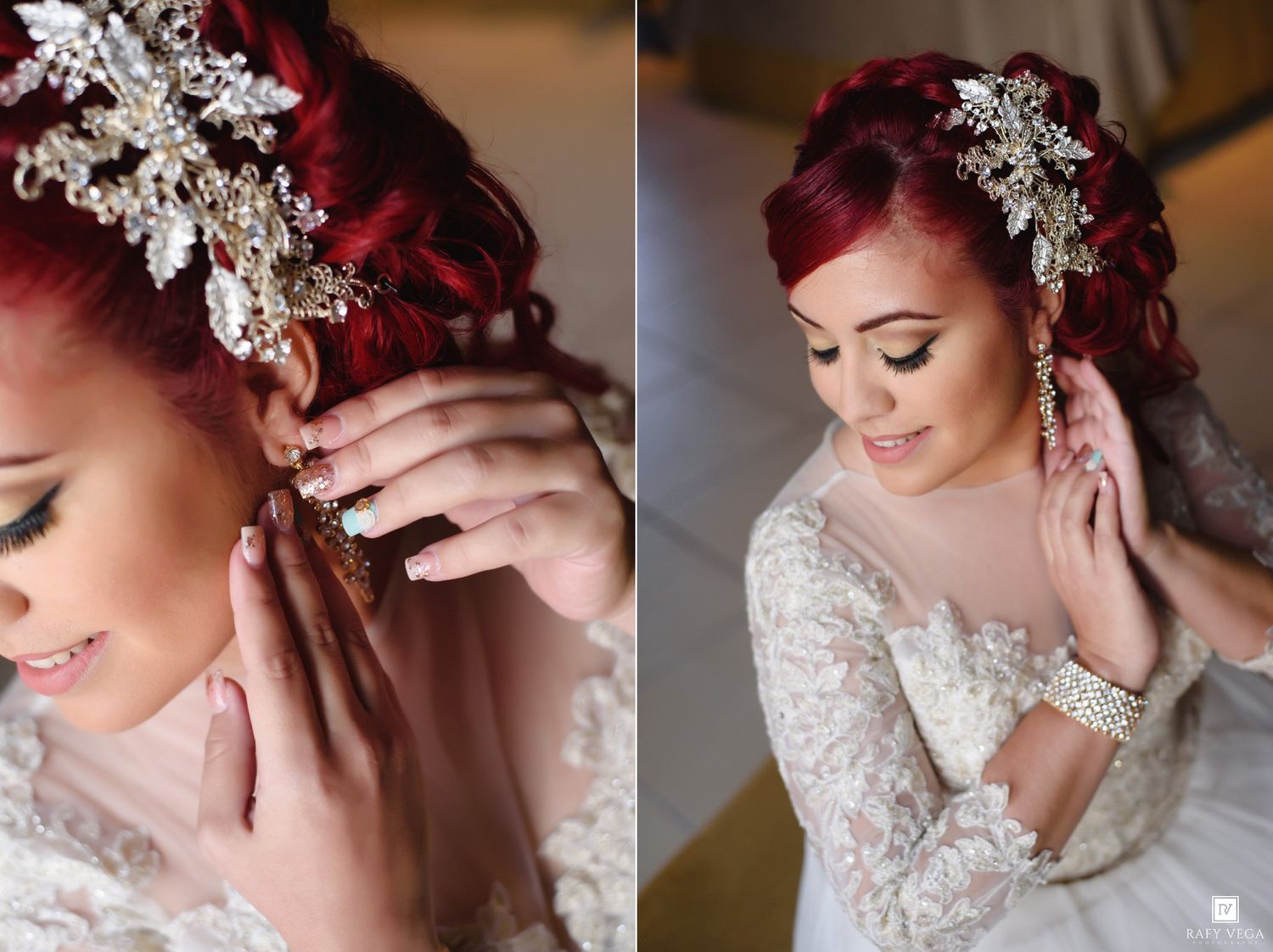 Red-haired bride in lace gown adjusts pearl hair accessory and earrings in elegant wedding preparation photos.