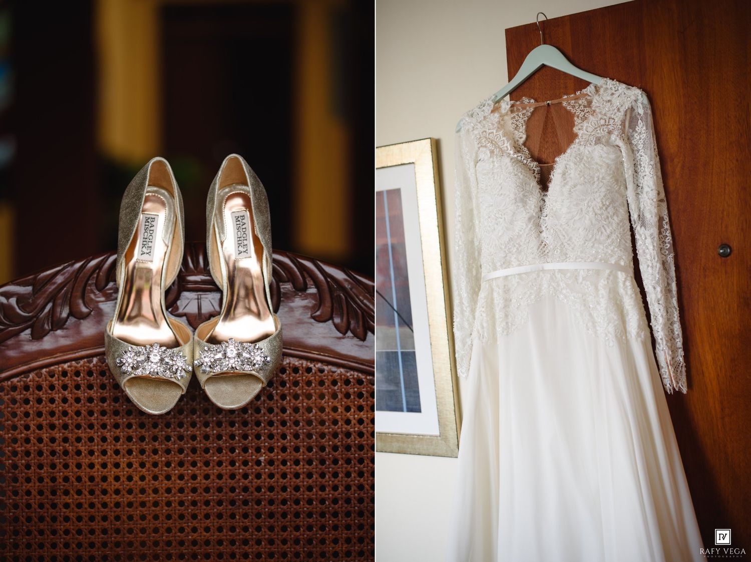 Elegant bridal details featuring jeweled heels on a chair and a lace long-sleeve wedding gown hanging on a wooden door.