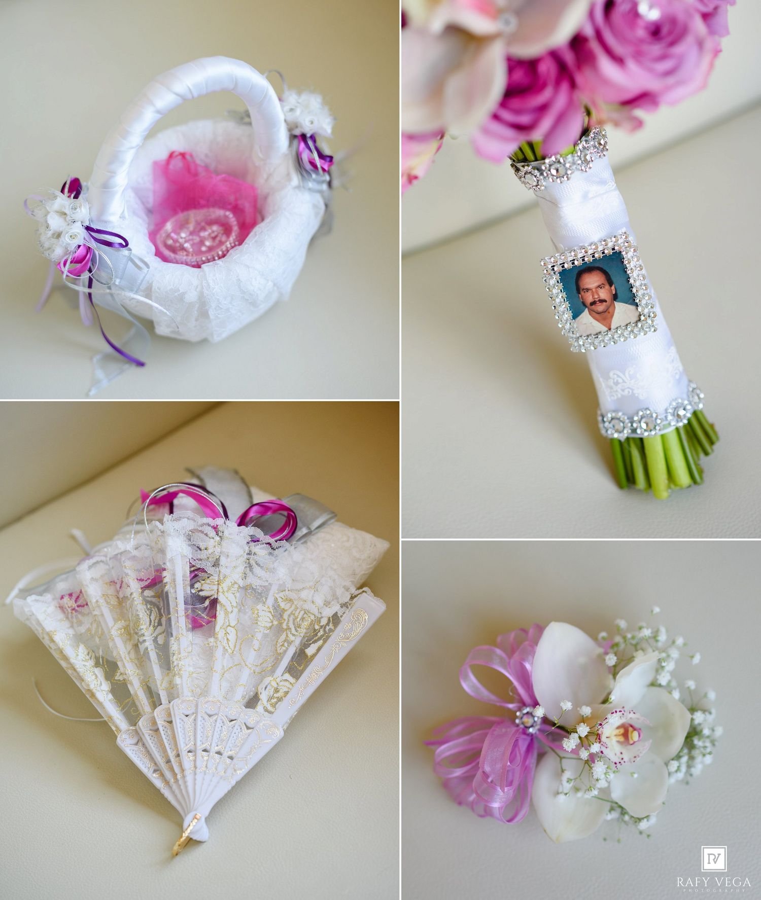 White wedding accessories including flower girl basket, memorial bouquet charm, lace fans, and floral corsage with pink accents.