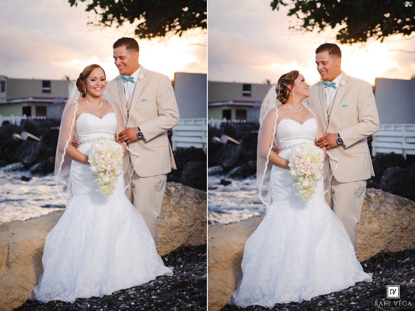 Bride in mermaid gown and groom in tan suit pose romantically by the ocean at sunset in a wedding photo collage.