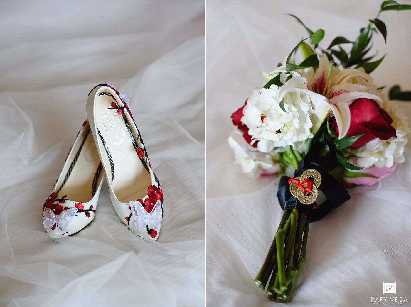 Floral high heel wedding shoes beside a bridal bouquet with white peonies and red roses on white fabric.