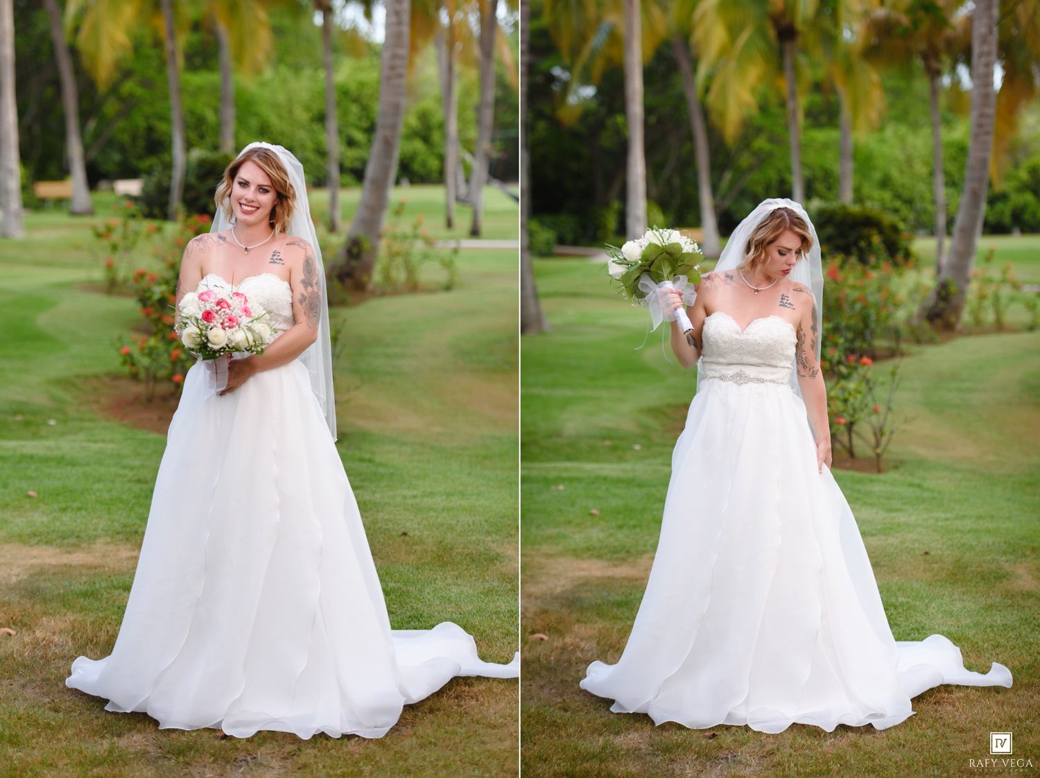 Bride in white ball gown with veil holds pink bouquet outdoors among palm trees in a tropical garden setting.