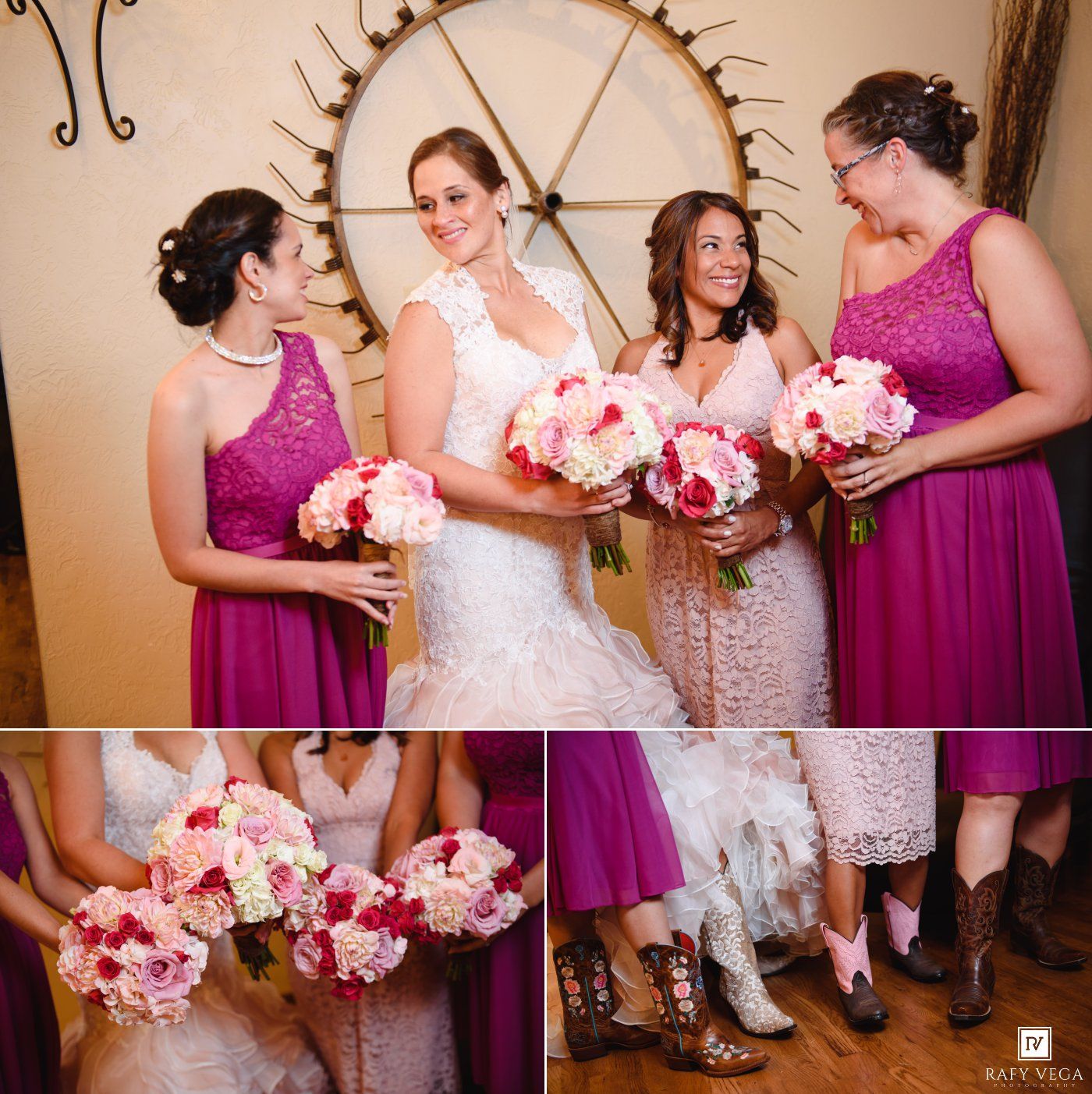 Bride in white gown poses with bridesmaids in fuchsia dresses holding pink bouquets at a rustic wedding venue.