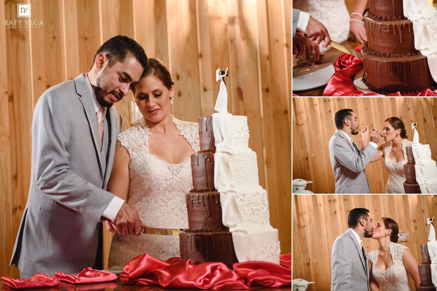 Bride and groom cutting a elegant white and chocolate wedding cake at their wedding reception.