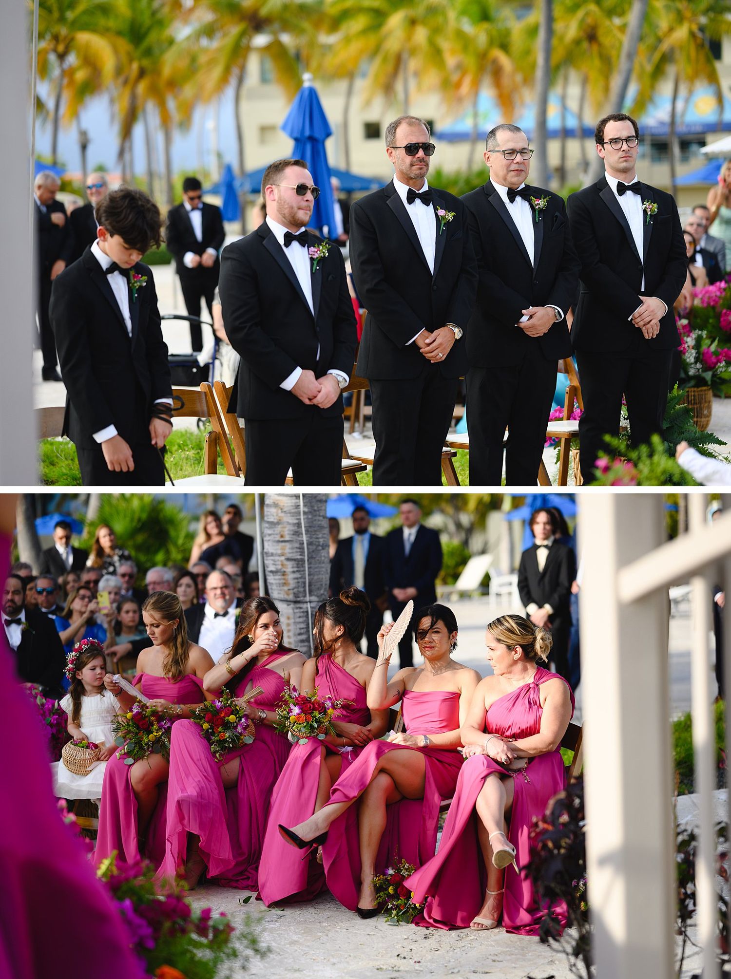 Groomsmen in tuxedos stand at outdoor beach wedding ceremony while bridesmaids in pink gowns sit in front row.