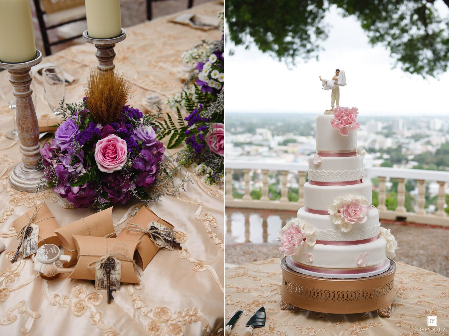Elegant wedding table with purple floral centerpiece and multi-tiered white cake with pink roses outdoors.