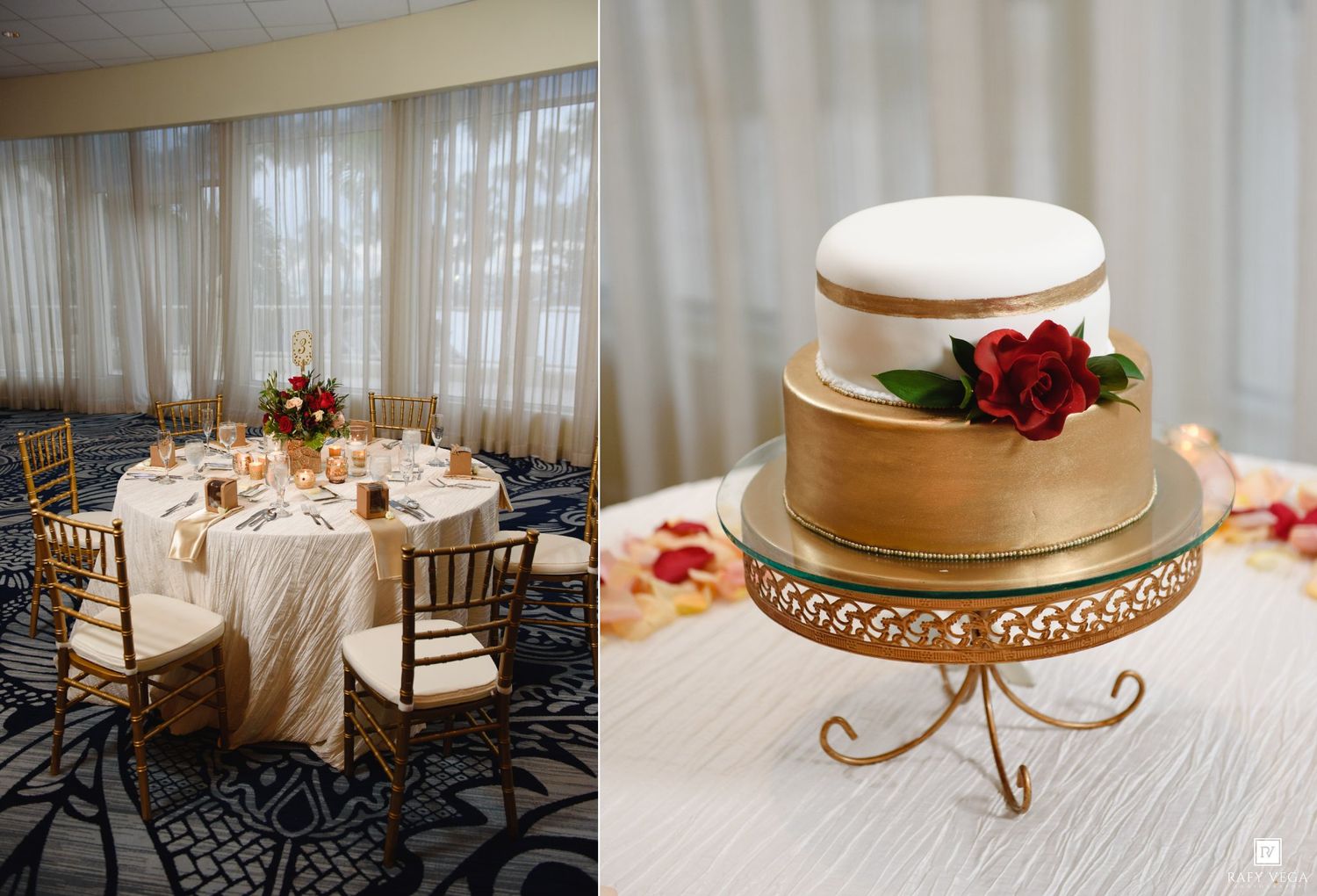 Elegant wedding venue with gold chiavari chairs and a two-tier gold and white wedding cake adorned with a red rose.