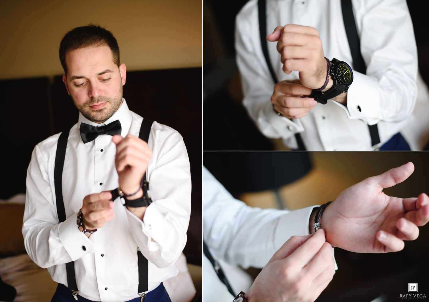 Groom in white shirt, bow tie, and suspenders fastening cufflinks while getting ready for his wedding day.