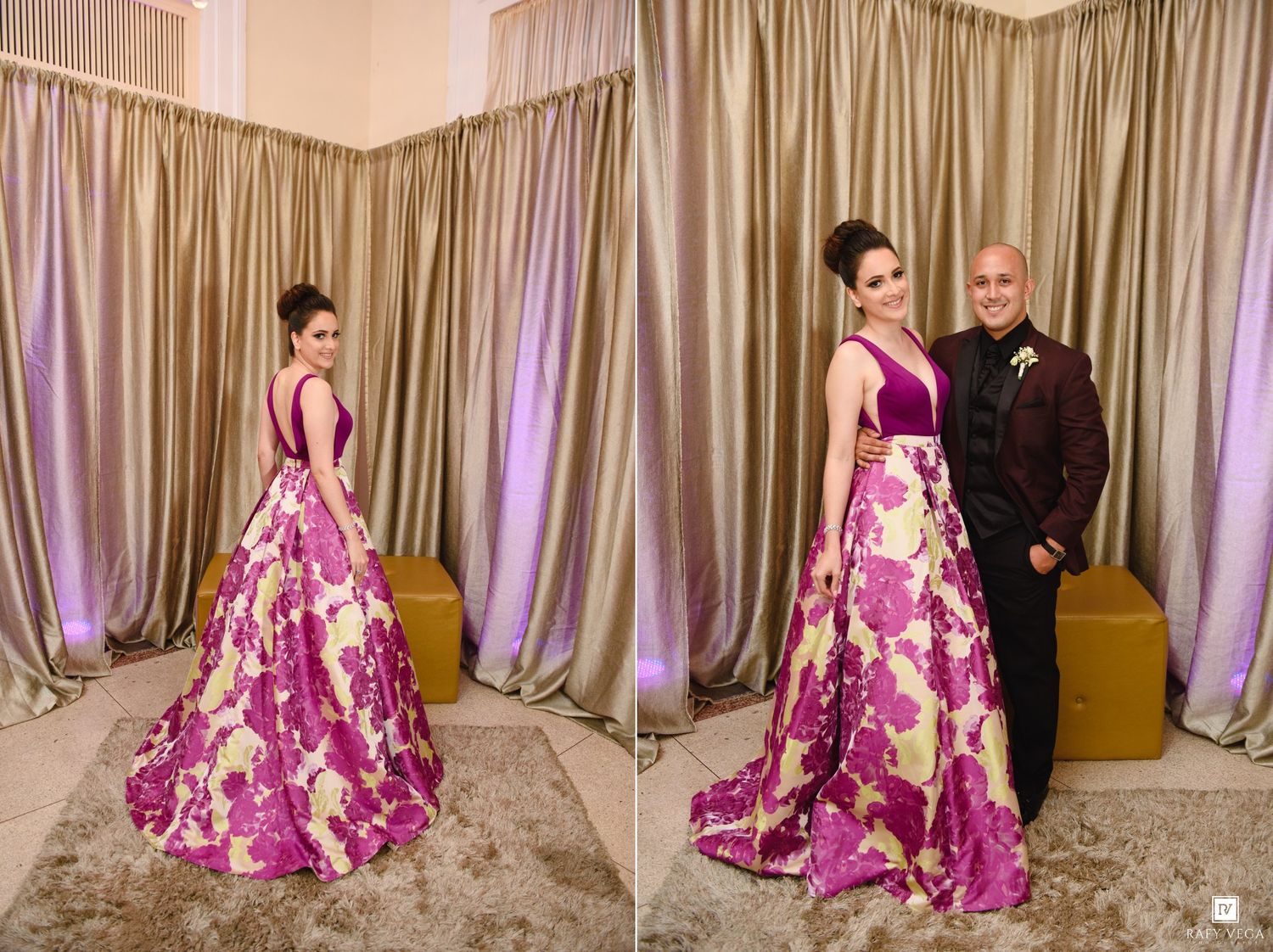 Woman in floral magenta ballgown poses alone and with a man in dark suit against draped curtain backdrop.