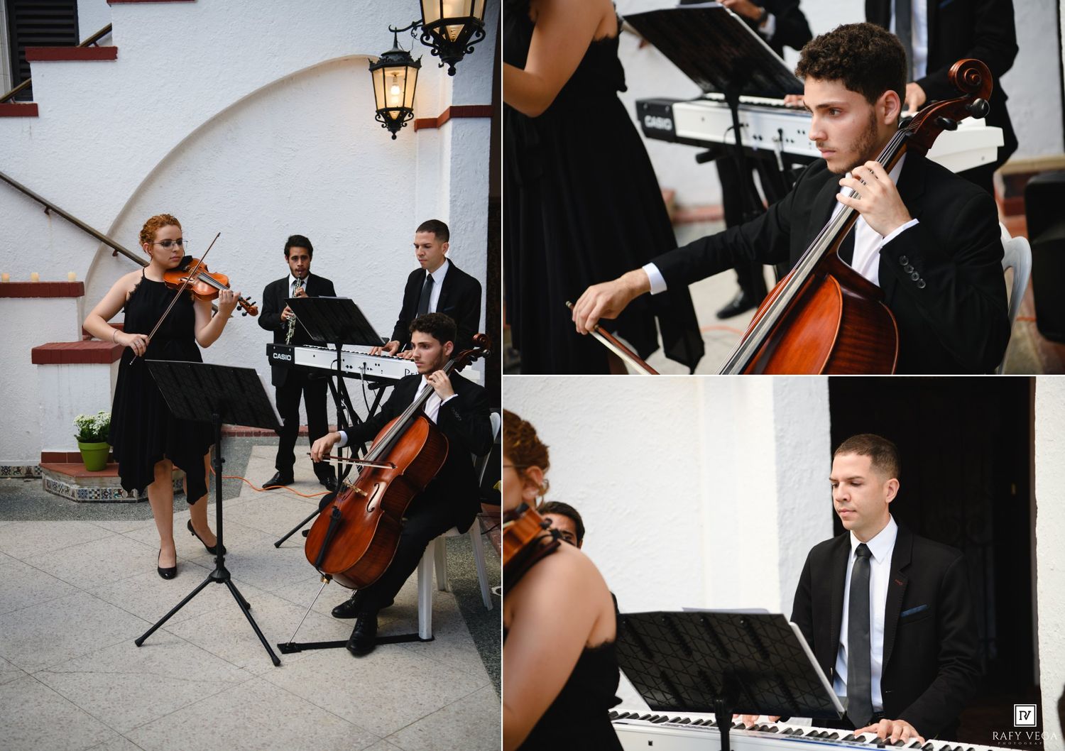 String quartet and pianist performing at an elegant outdoor wedding reception with classical instruments.
