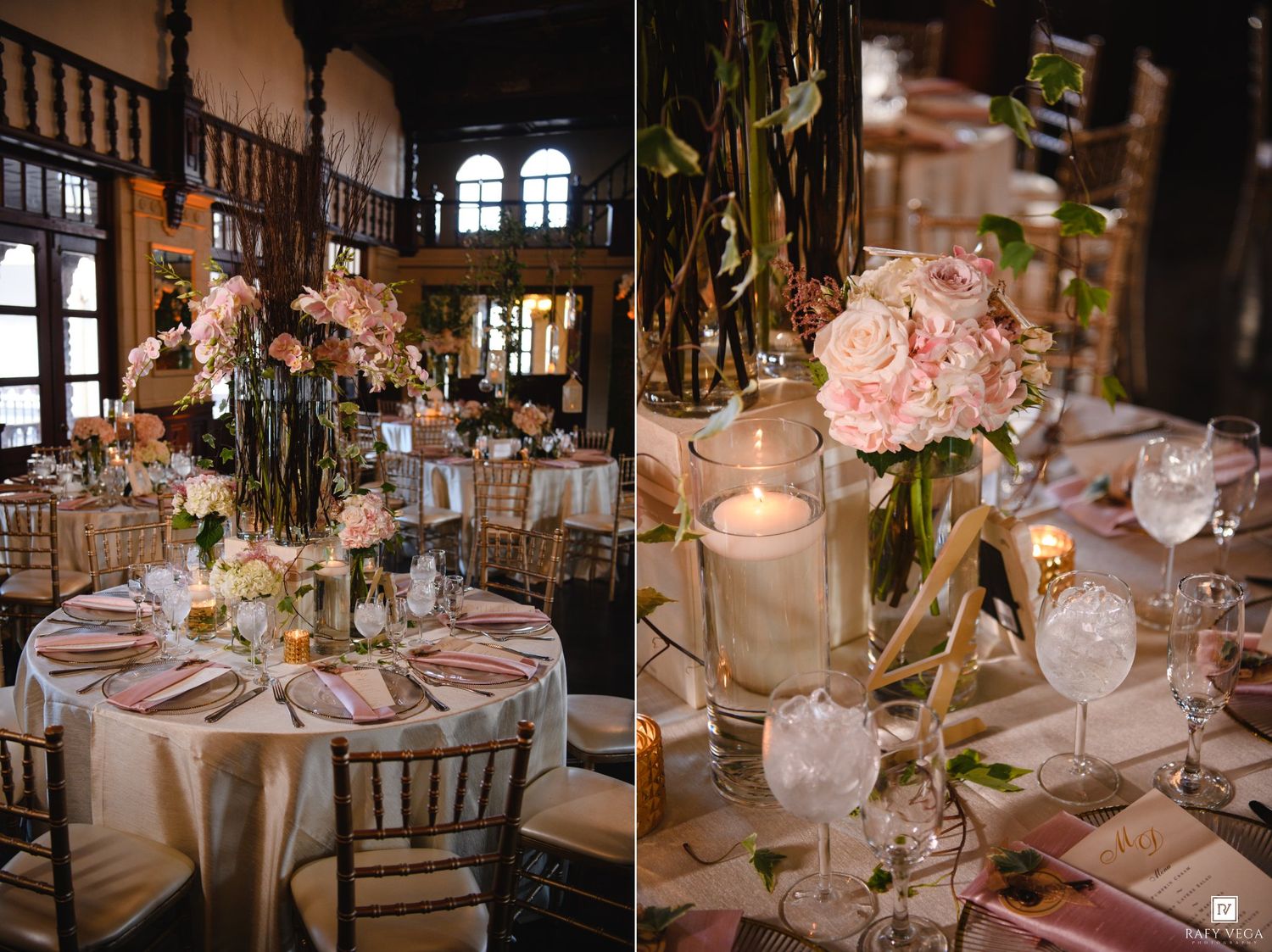 Elegant wedding reception tables adorned with pink floral centerpieces, candles, and gold chiavari chairs in a grand venue.