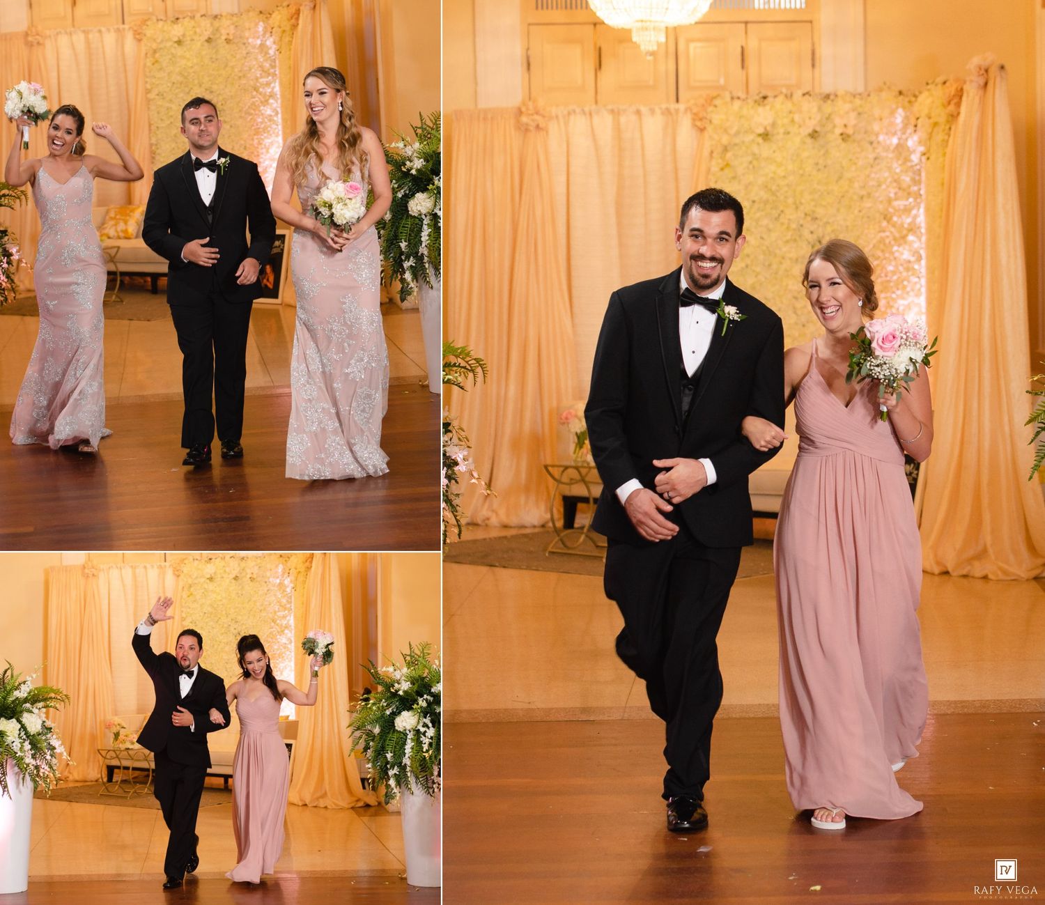 Groomsmen escort bridesmaids in blush gowns down the aisle at an elegant gold-themed wedding reception.