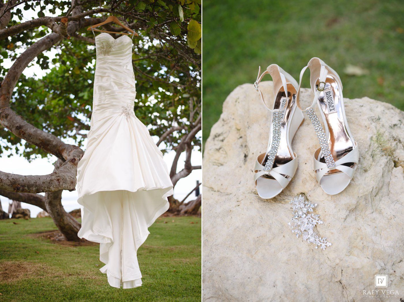White wedding dress hanging from a tree outdoors, paired with silver rhinestone bridal heels displayed on a rock.