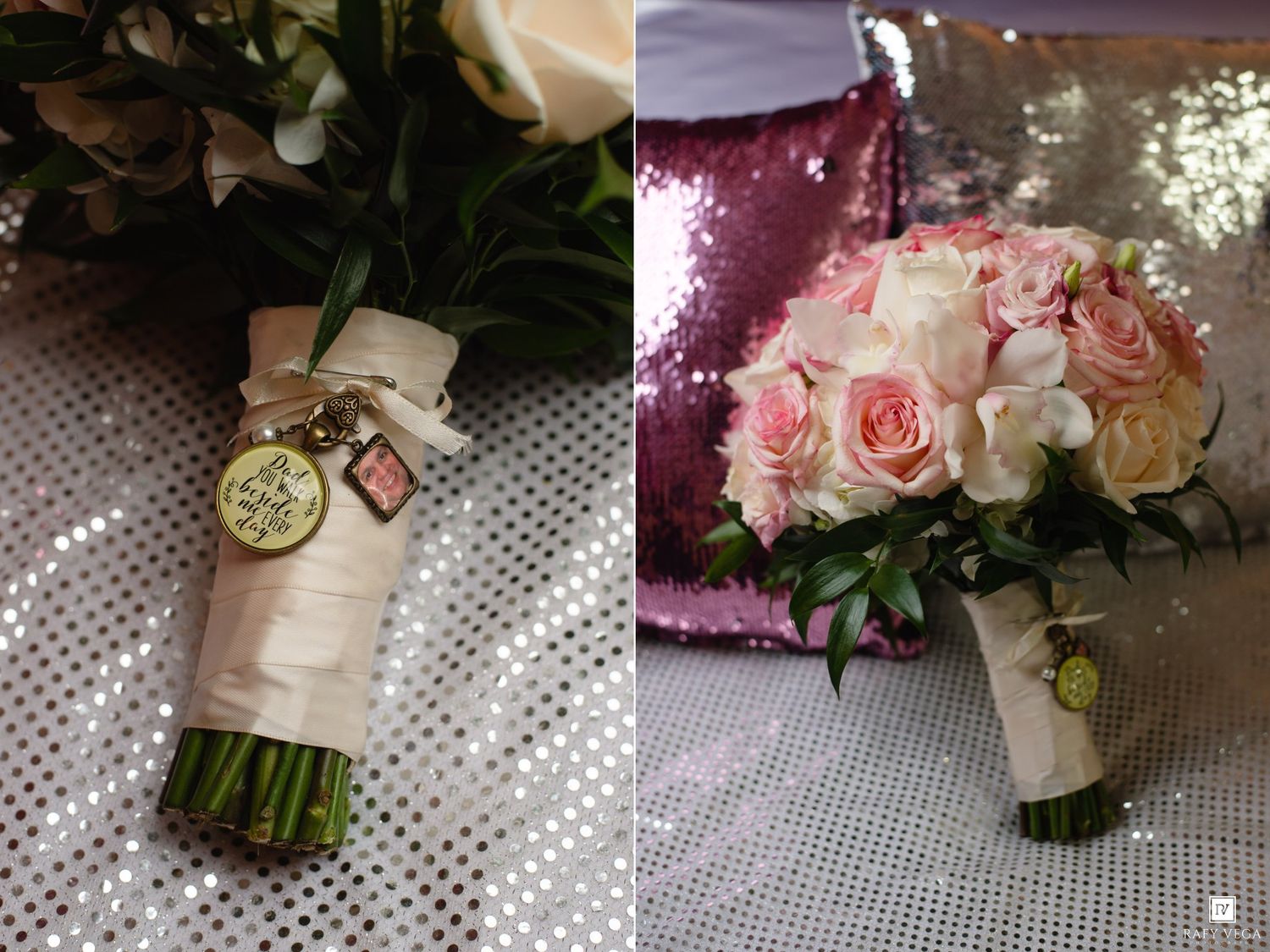 Elegant wedding bouquet of pink roses wrapped in white ribbon with decorative charm on sequined backdrop.