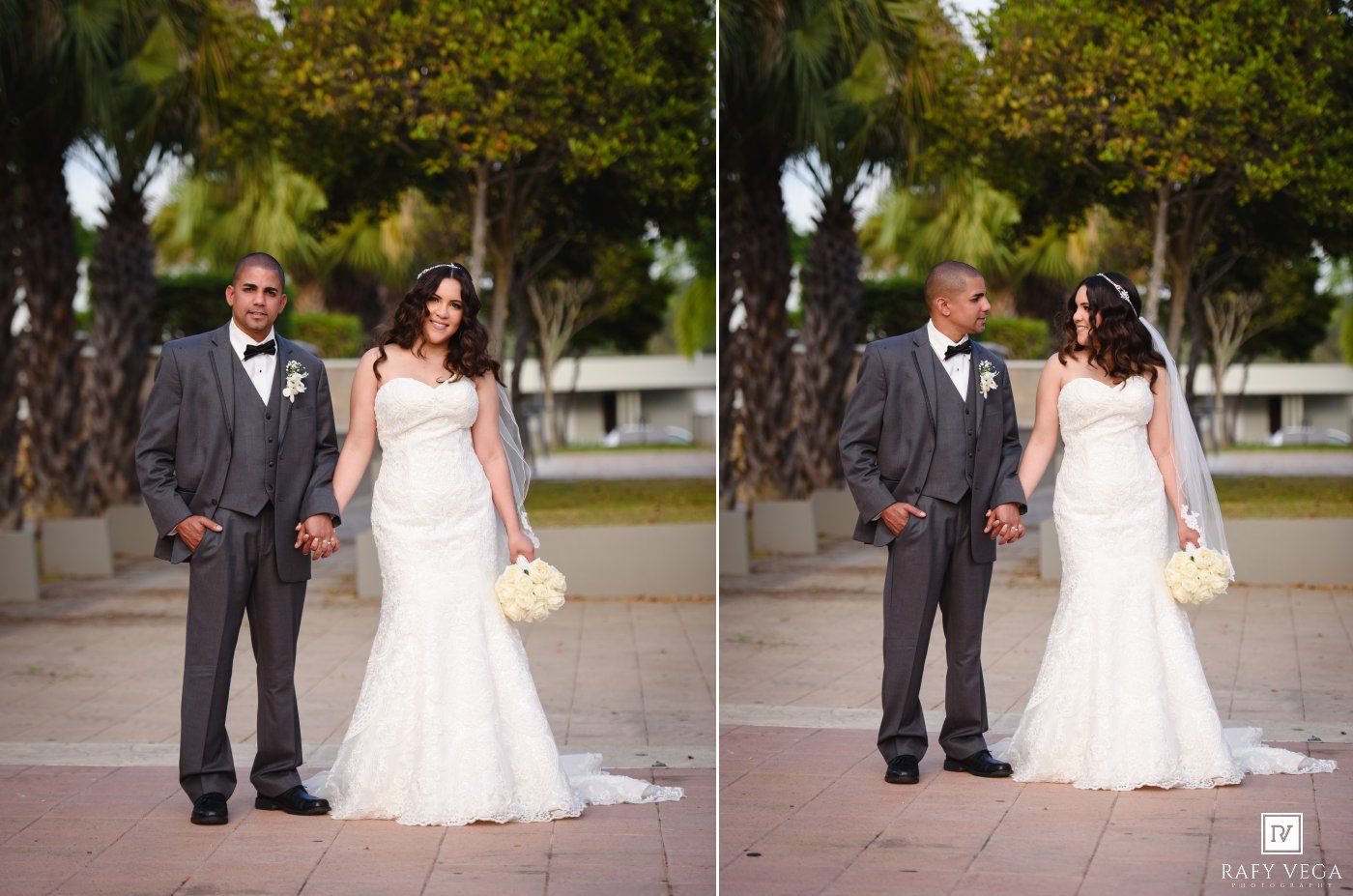 A bride and groom pose together outdoors in a diptych wedding portrait, she in a white gown, he in a gray suit.