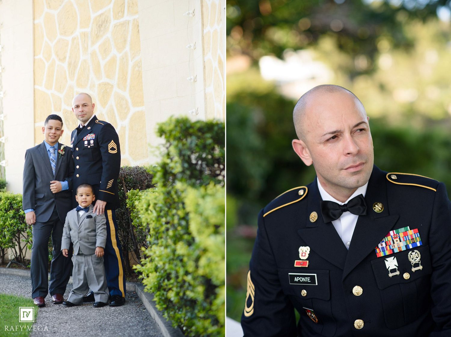 Military soldier in dress uniform poses with two young boys outside, while another soldier in uniform smiles in a close-up portrait.