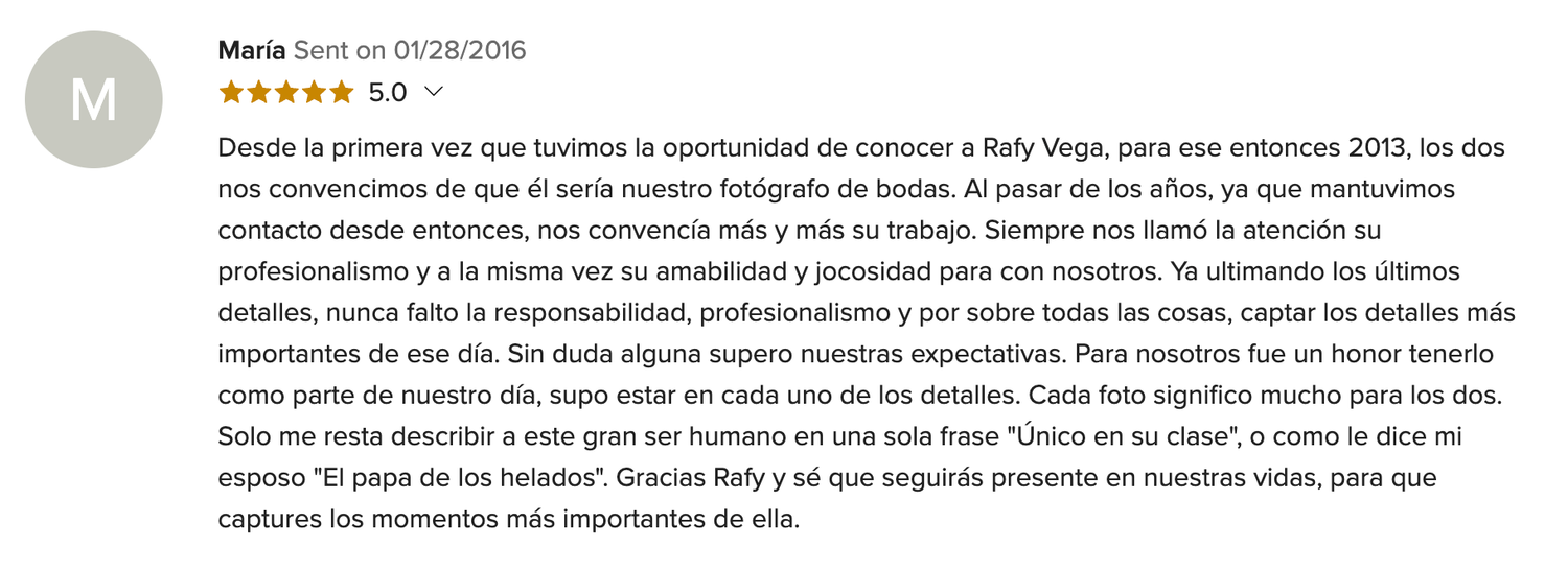 Five-star customer review praising a professional wedding photographer named Relly Vegas for their work over two years.