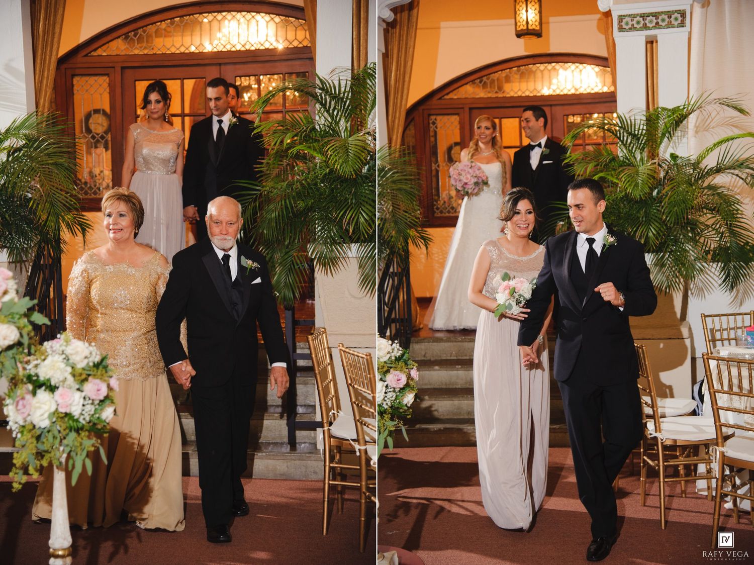 Elegant wedding processional with bride escorted down aisle, guests seated in gold chairs, floral arrangements, grand staircase backdrop.