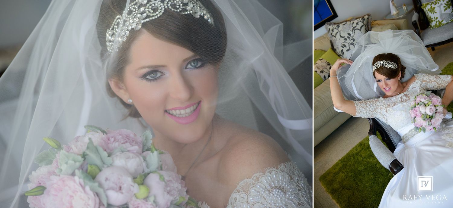 Bride in white gown and tiara veil holds pink bouquet, with a second image showing her lying gracefully on stairs.