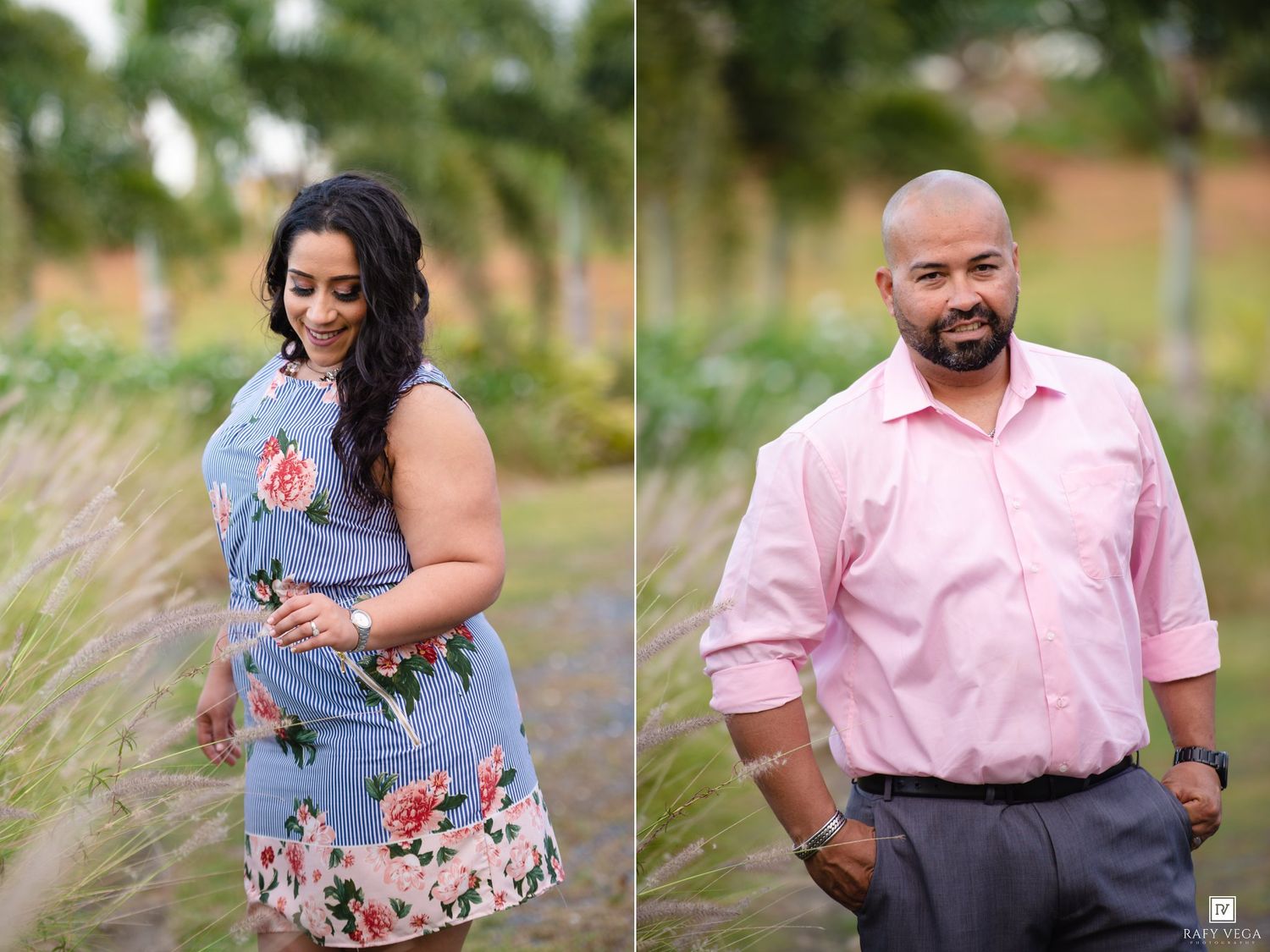 Couple posing outdoors in a lush garden, woman in floral dress and man in pink shirt, elegant engagement photo shoot.