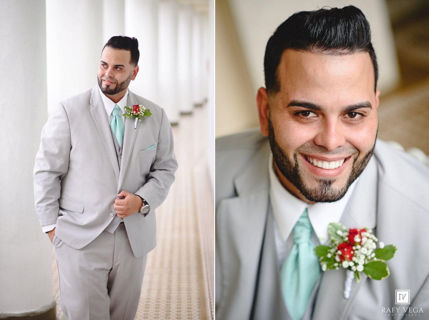Groom in gray suit with mint tie and floral boutonniere smiling at wedding ceremony.