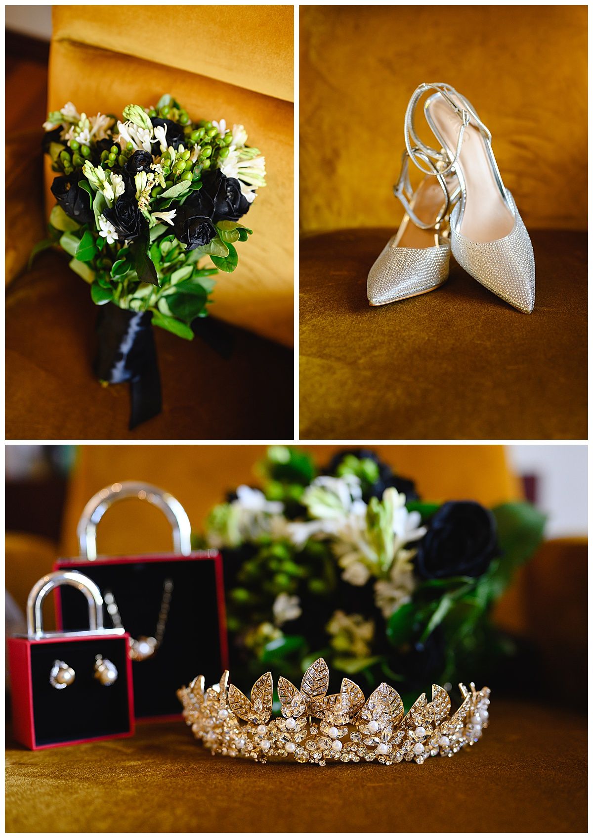 Elegant wedding details featuring a dark floral bouquet, silver heels, gold leaf tiara, pearl earrings, and a red jewelry box.