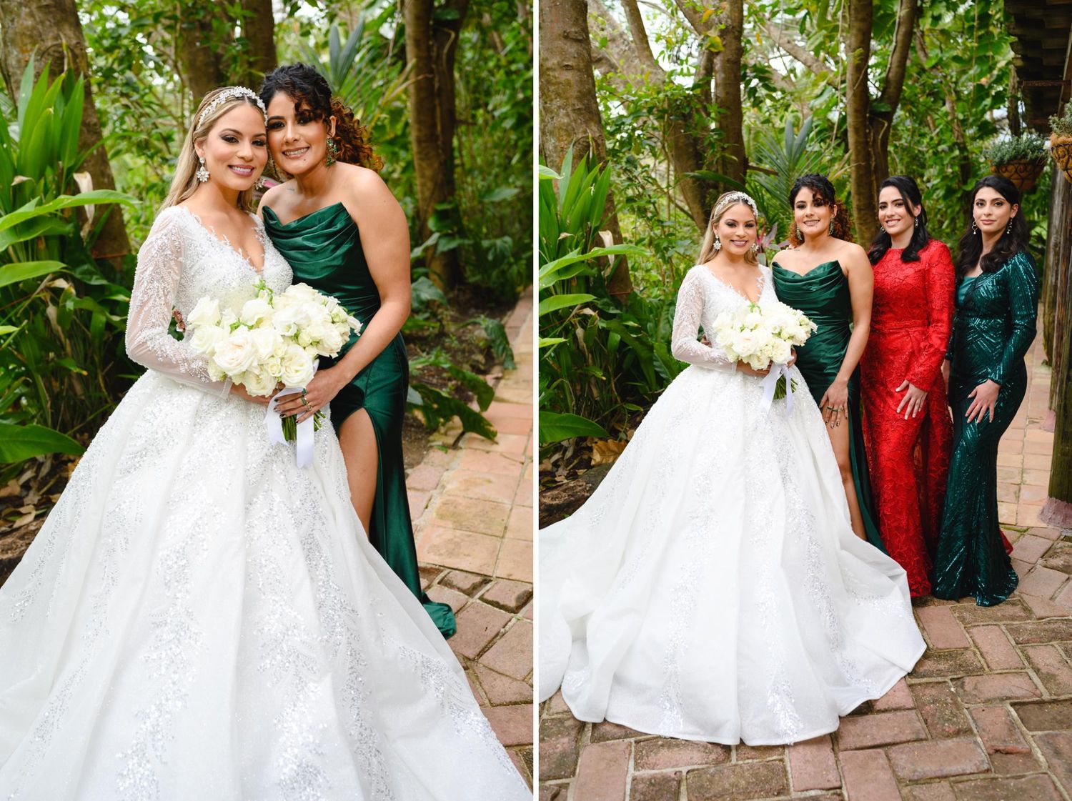Bride in white lace gown with bridesmaids in emerald and red velvet dresses posing outdoors in lush garden setting.